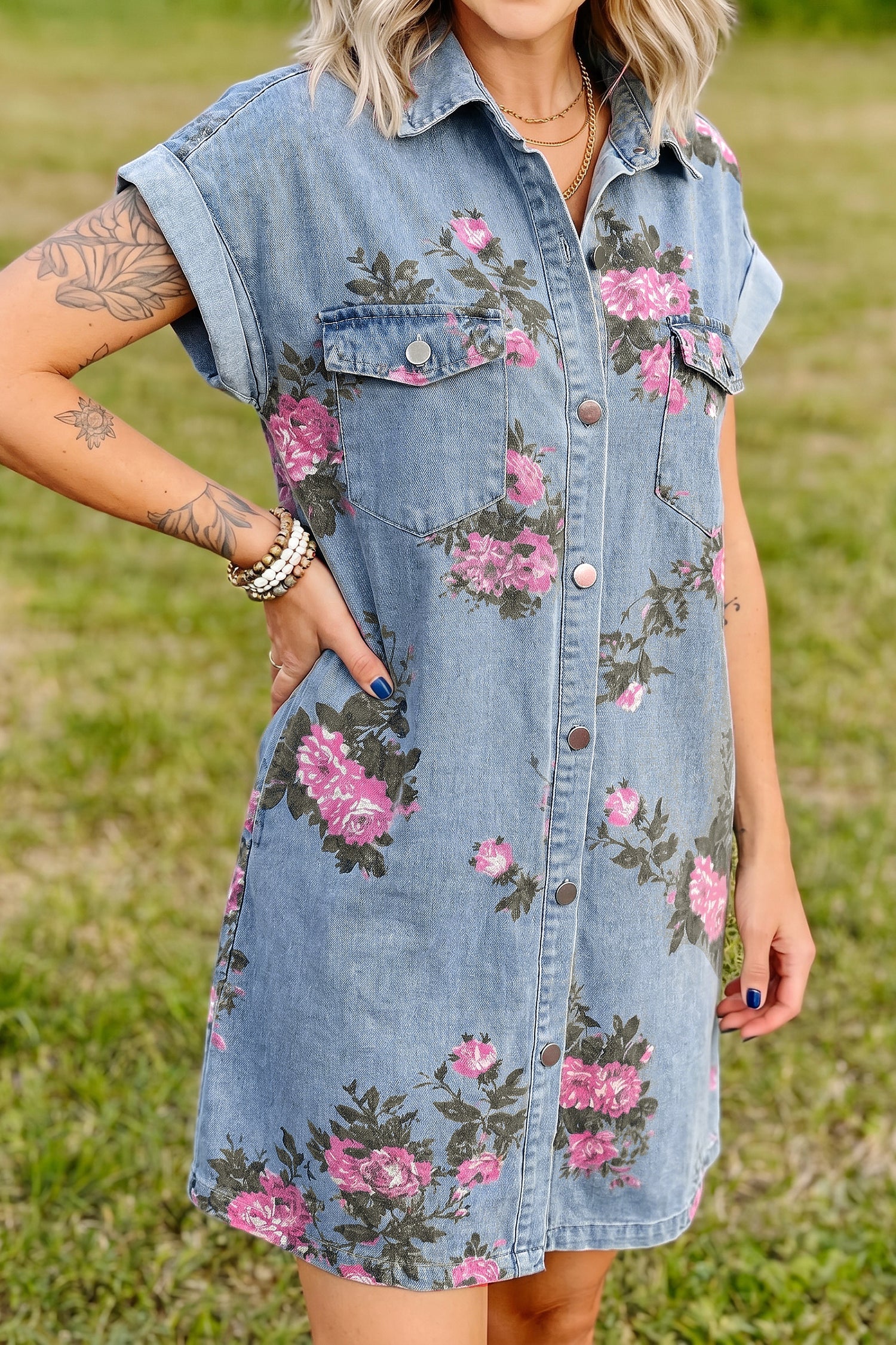 Sky Blue Denim Floral Print Cuffed Short Sleeve Button Down Shift Dress