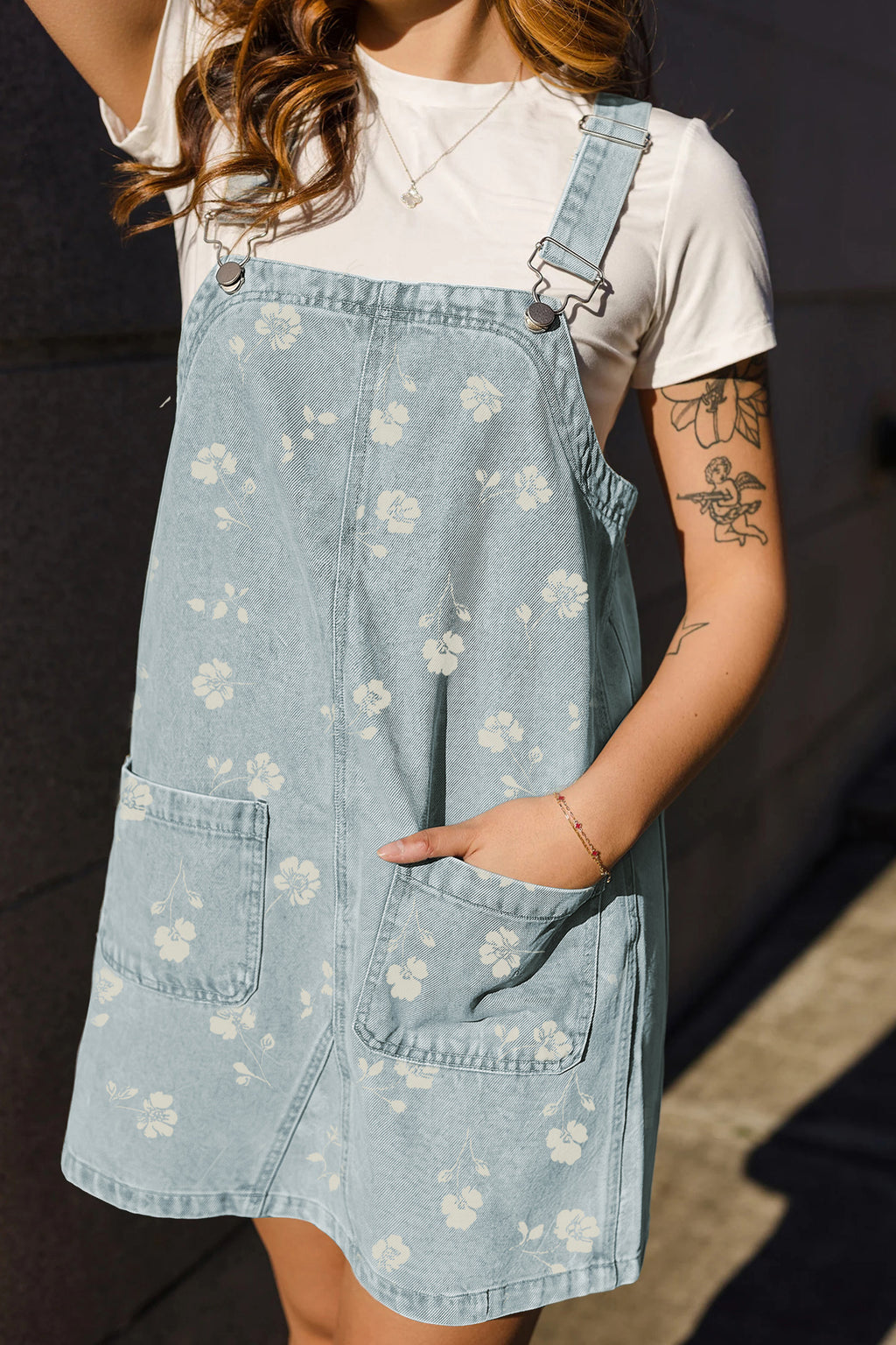 Sky Blue Retro Wash Denim Floral Print Overall Mini Dress