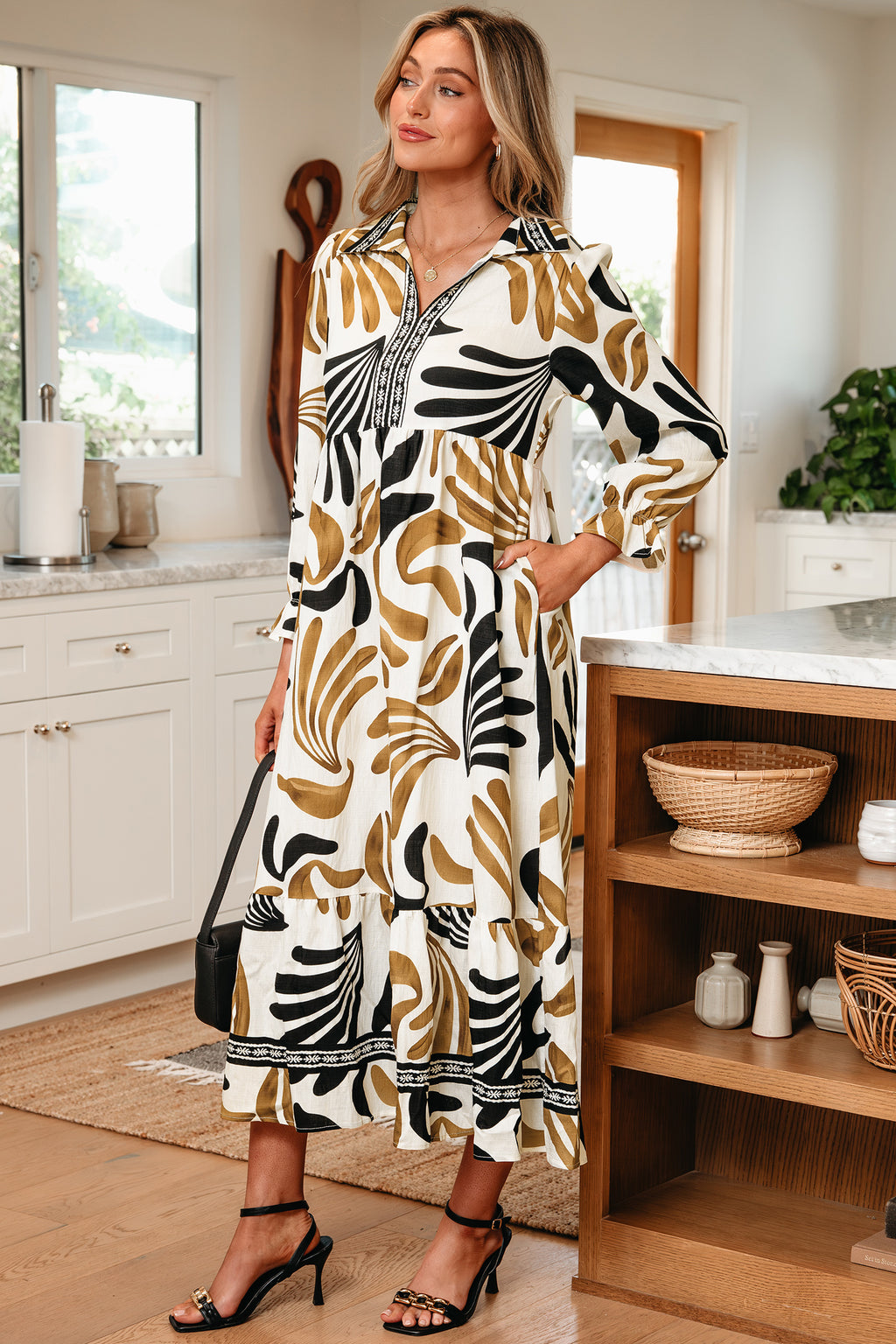 Brown Tropical Printed Contrast Trim Neck Long Sleeve Ruffle Hem Dress