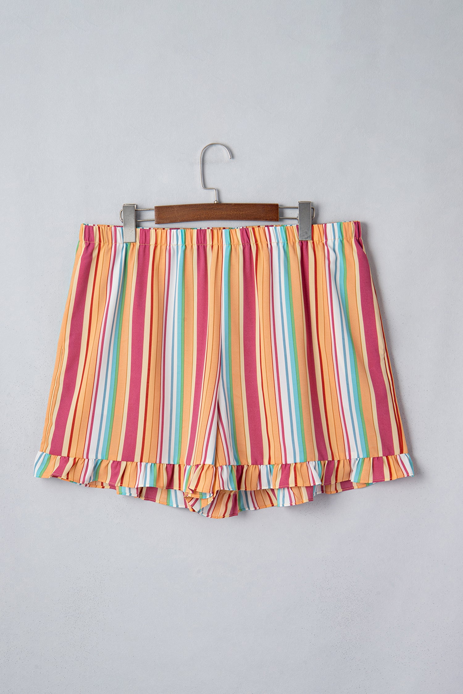 Orange Stripe Plus Size Elastic Waist Ruffle Hem Shorts