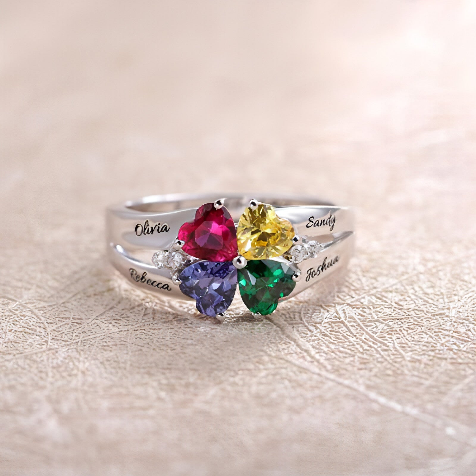 Personalized And Engraved Heart Assortment Birthstones Silver Ring