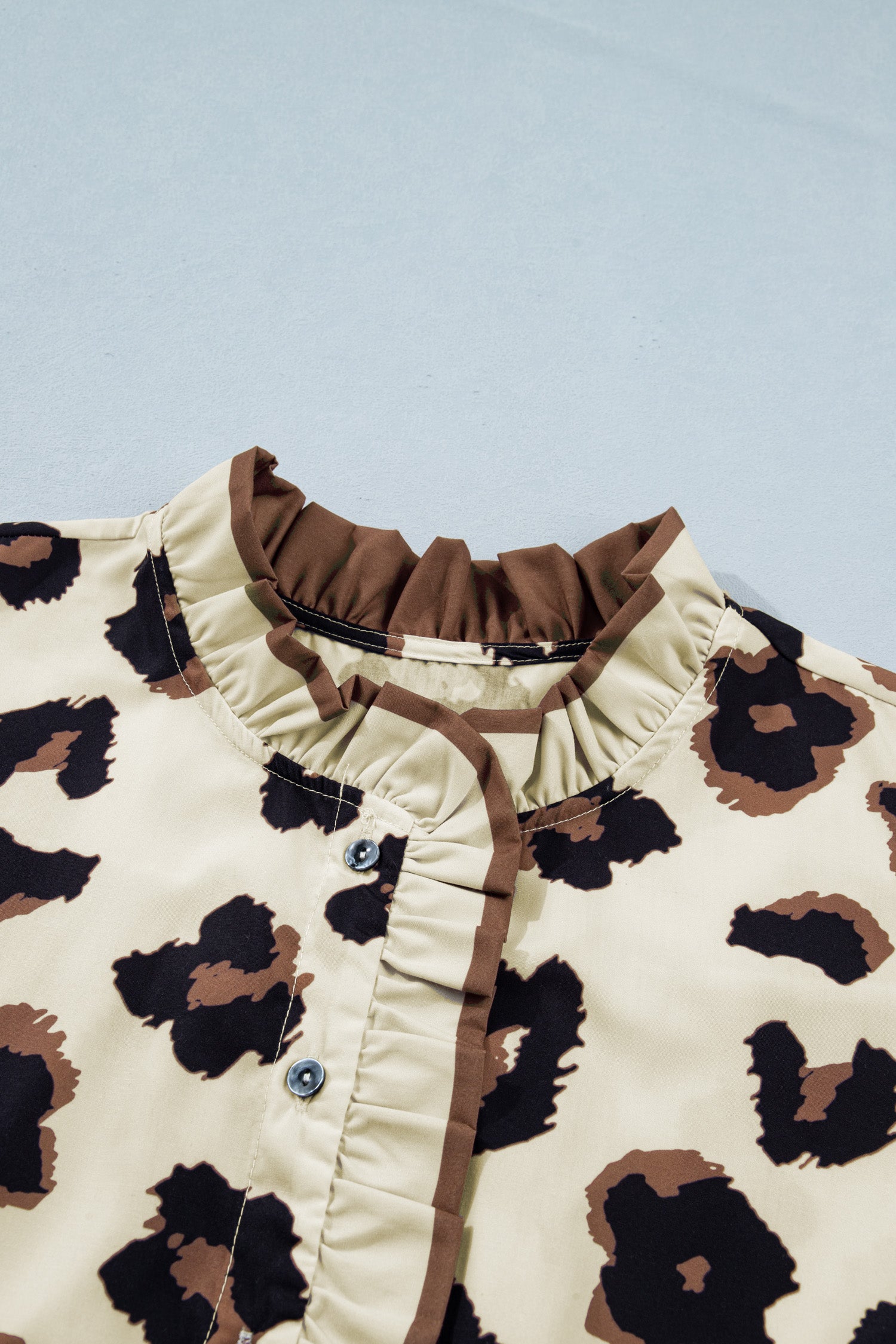 Khaki Plus Size Leopard Print Frilled Color Block Trim Button Down Short Sleeve Blouse