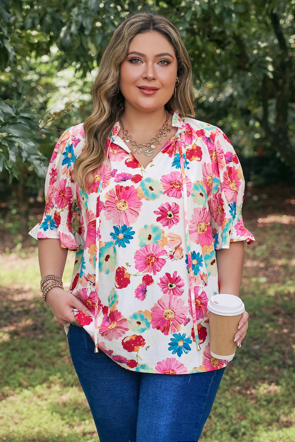 Pink Plus Size Floral Print Ruched Short Sleeve Blouse