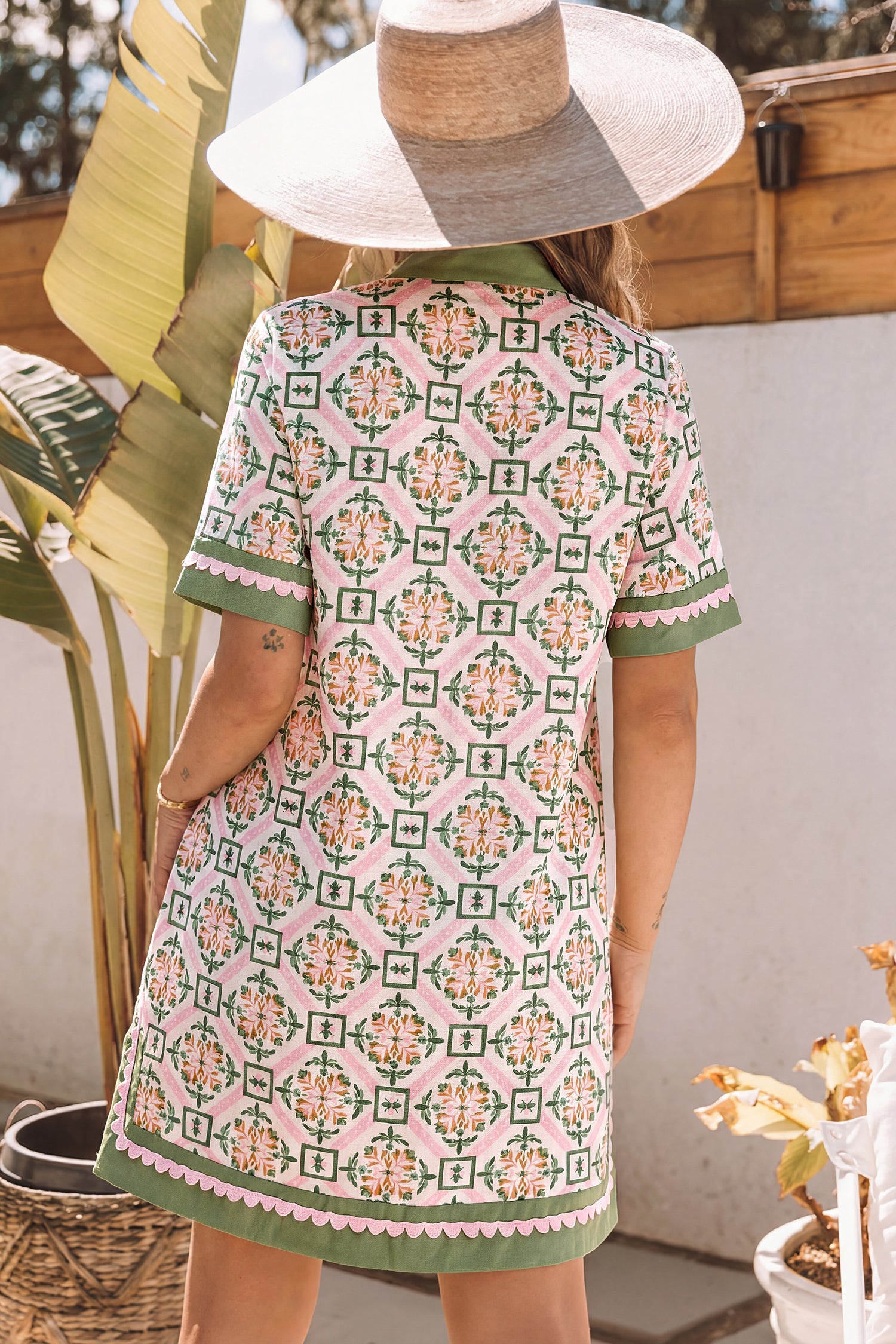 Multicolour Boho Geometric Flower Print Short Sleeve Loose Mini Dress