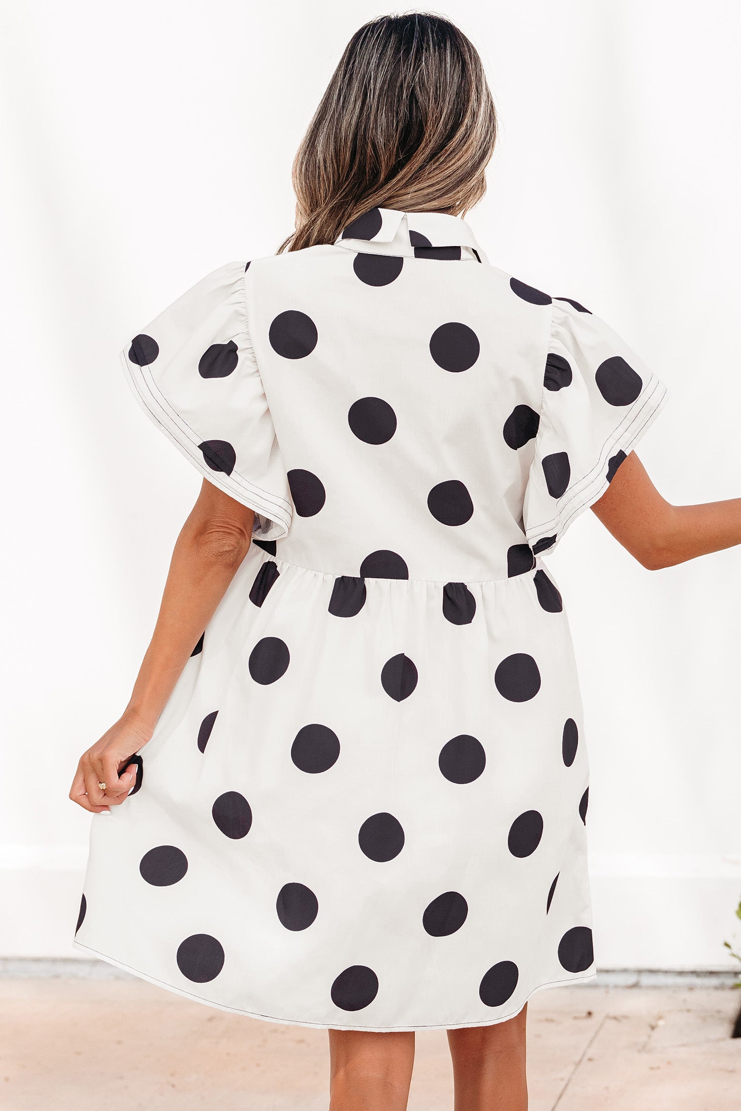 White Polka Dot Print Half Button Ruffled Short Sleeve Loose Mini Dress