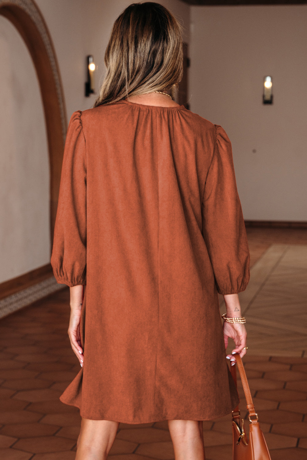 Moss Green Bracelet Sleeve Split Neck Scallop Detail Pleated Corduroy Mini Dress