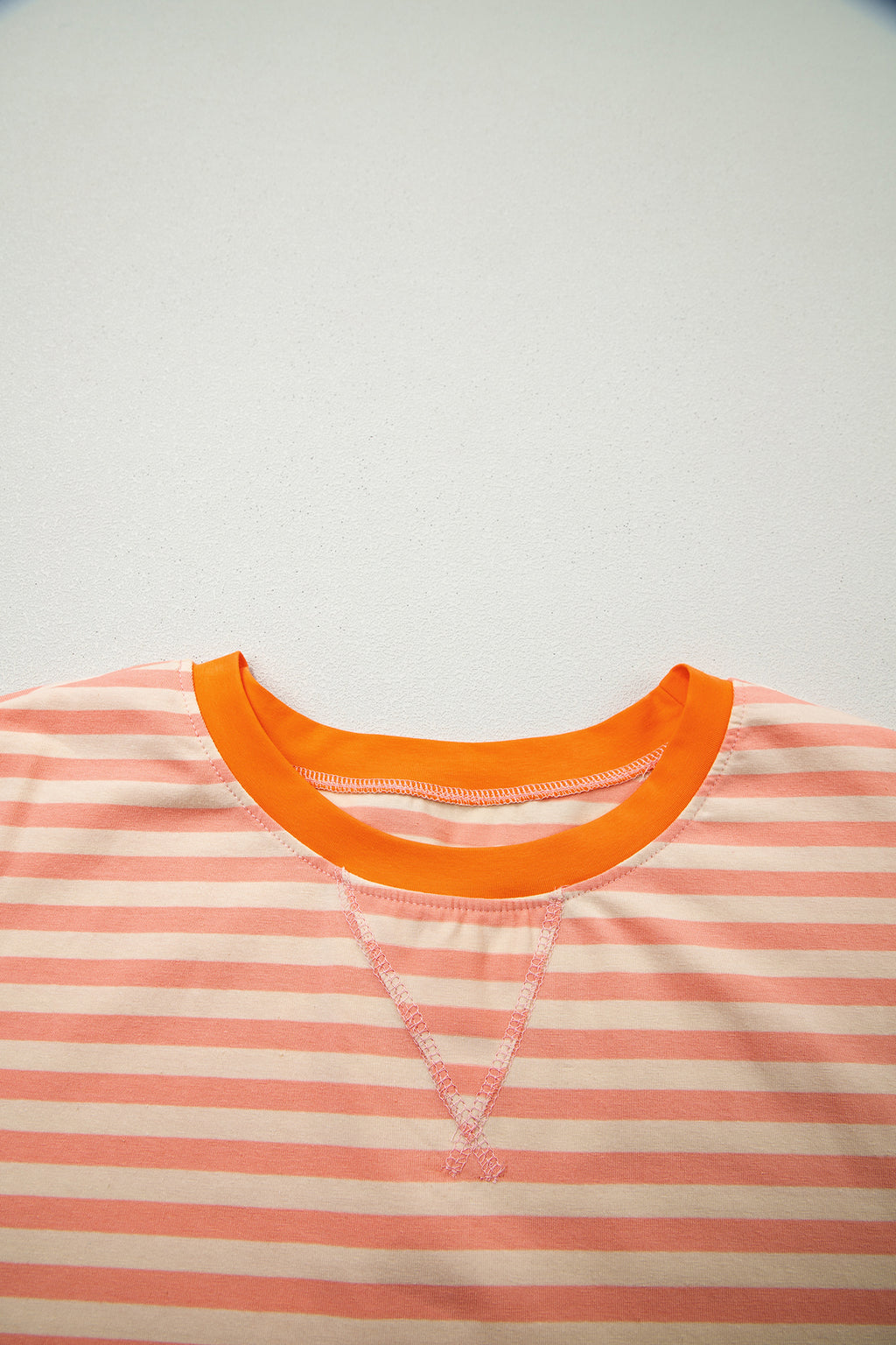 Pink Stripe Drop Shoulder T Shirt and Shorts Plus Size Summer Set