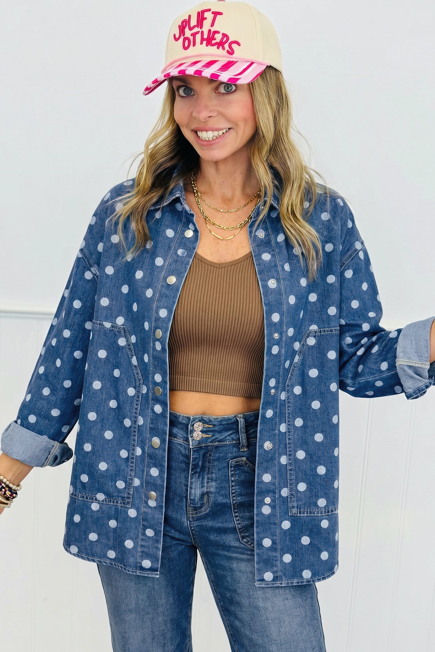 Blue Polka Dot Long Sleeve Collar Shift Tunic Denim Jacket