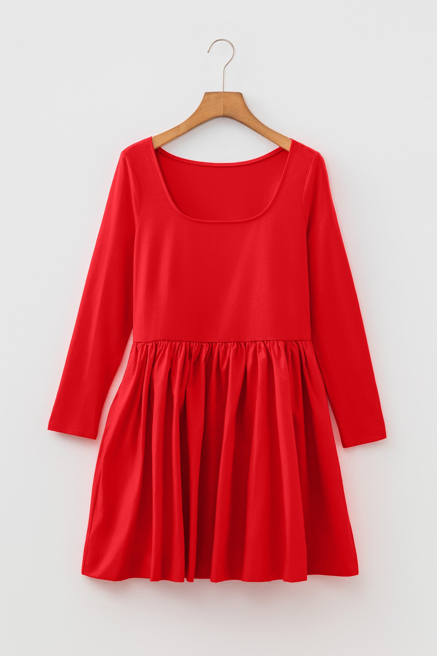 Fiery Red U Neck Long Sleeve Fit and Flare Short Dress