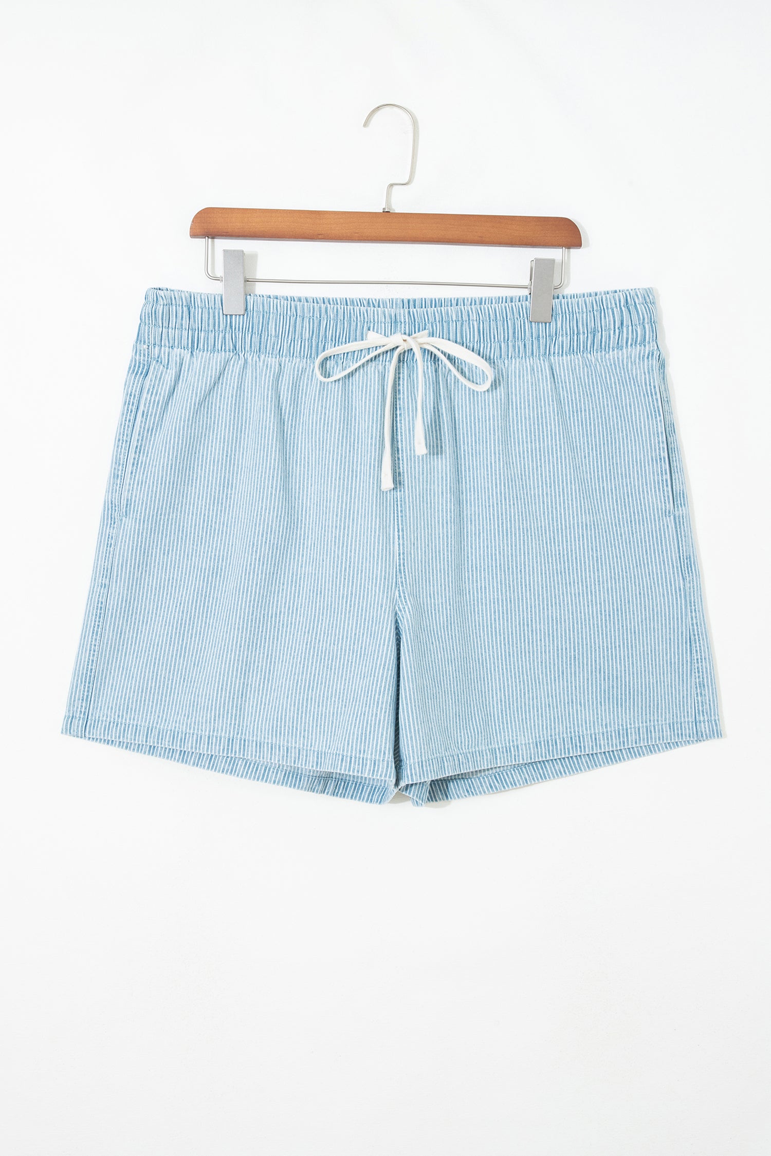 Sky Blue Stripe Plus Size Contrast Drawstring Elastic Waist Denim Shorts