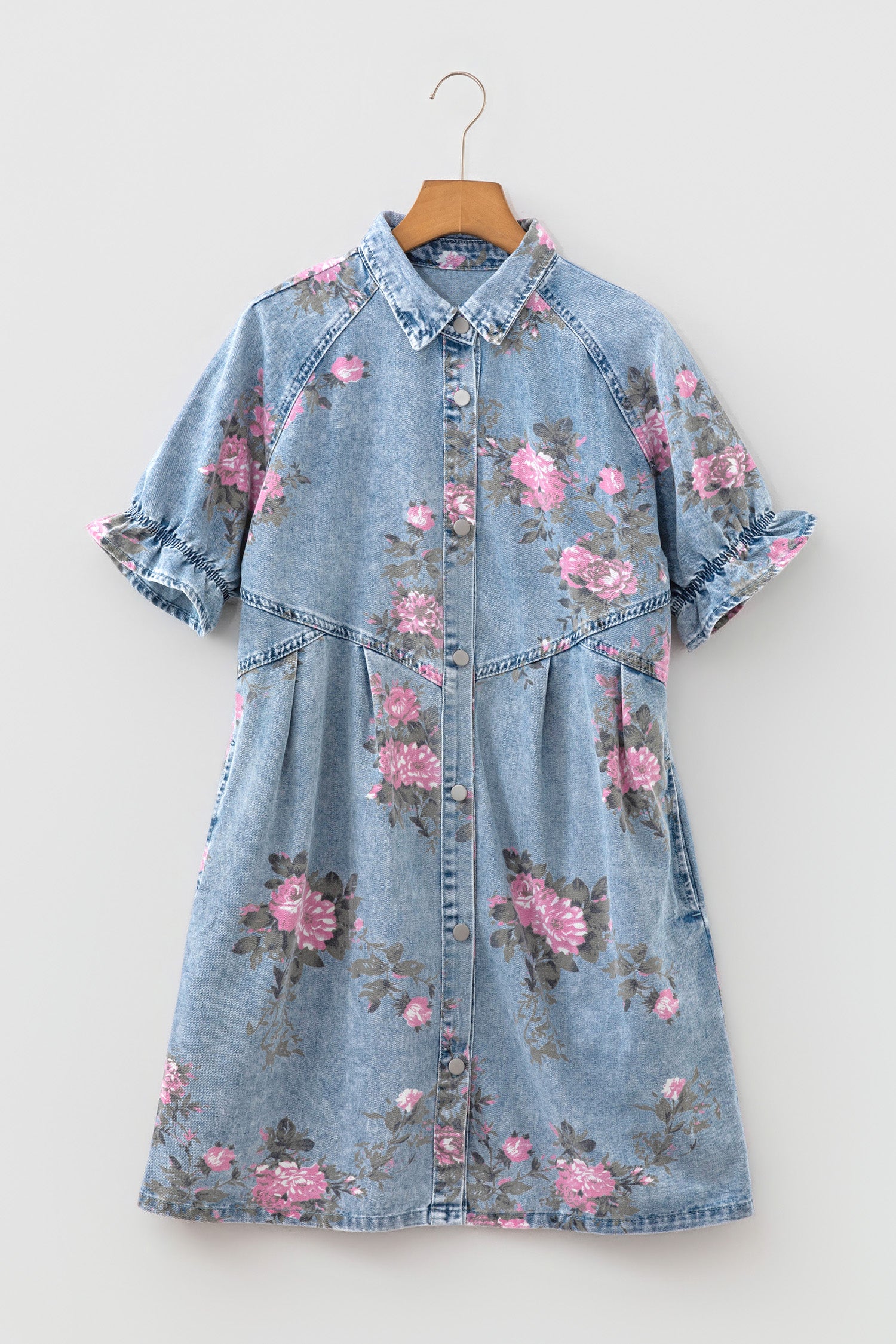 Sky Blue Floral Print Denim Short Sleeve Button Down Dress