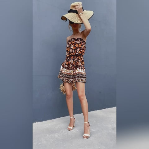 Vestido playero de verano sin tirantes con estampado floral bohemio para mujer