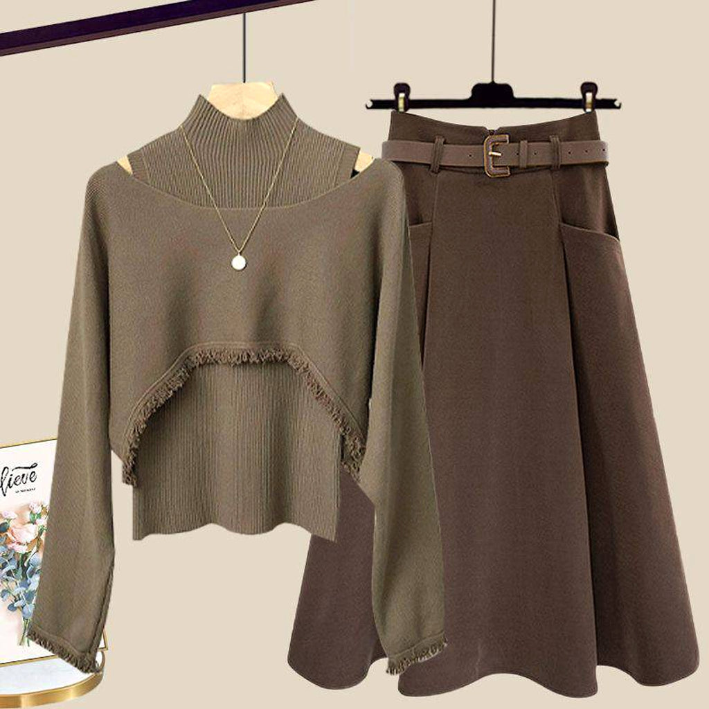 Ancient Knitted Blouse Inner Vest With Skirt Three-piece Set - enhanced image 1