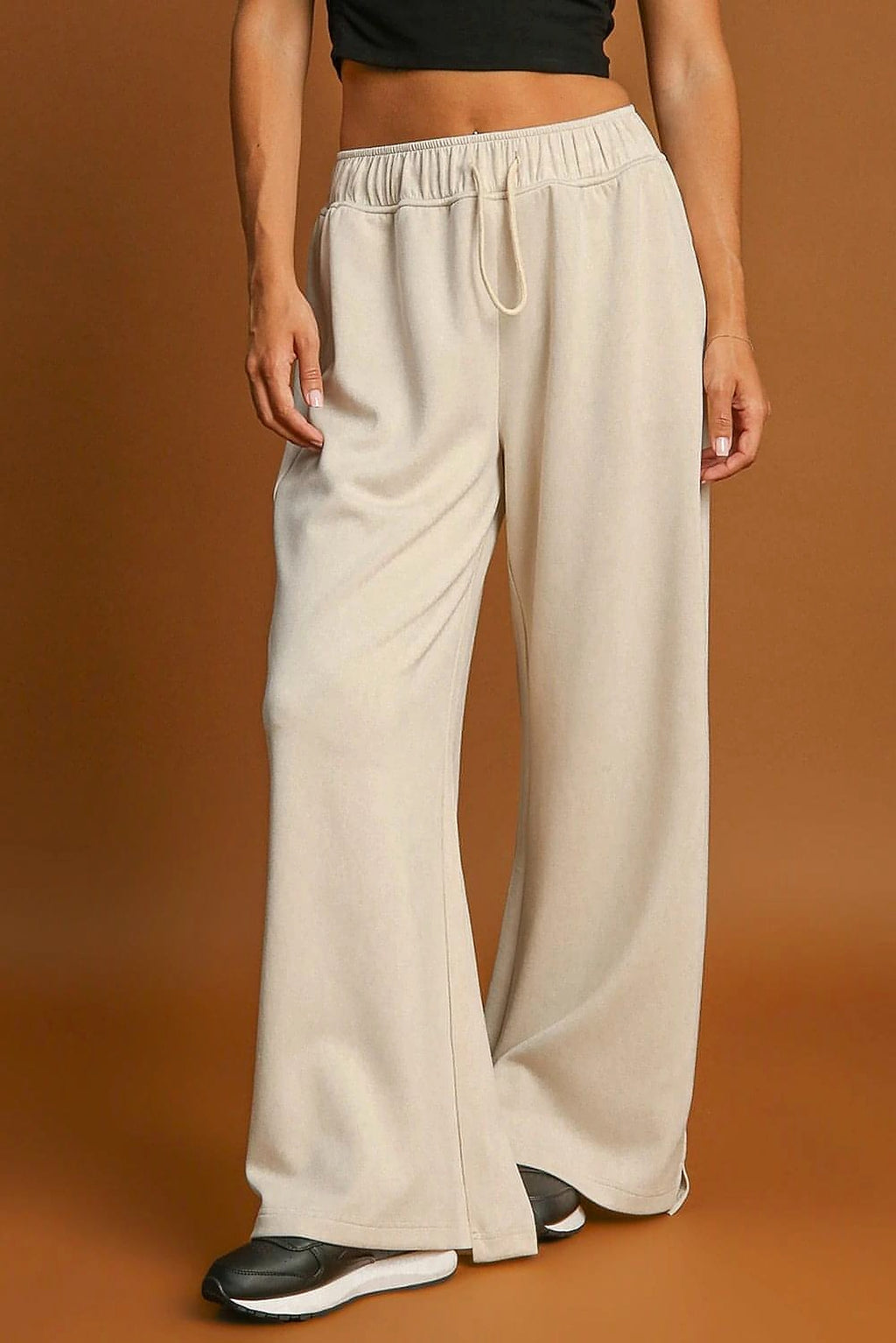 Apricot Loop Drawstring Casual Wide Leg Pants - enhanced image 1