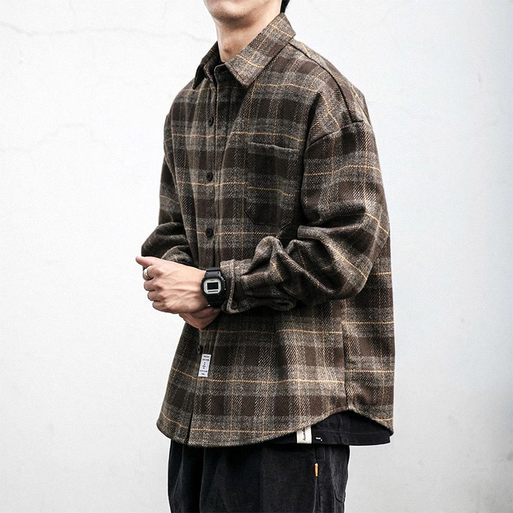Autumn Winter Retro Sanding Padded Plaid DressShirt Men - enhanced image 1