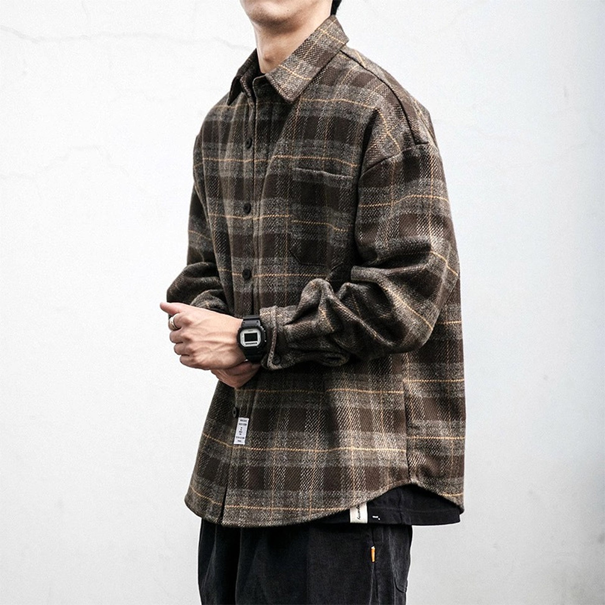 Autumn Winter Retro Sanding Padded Plaid DressShirt Men - enhanced image 1