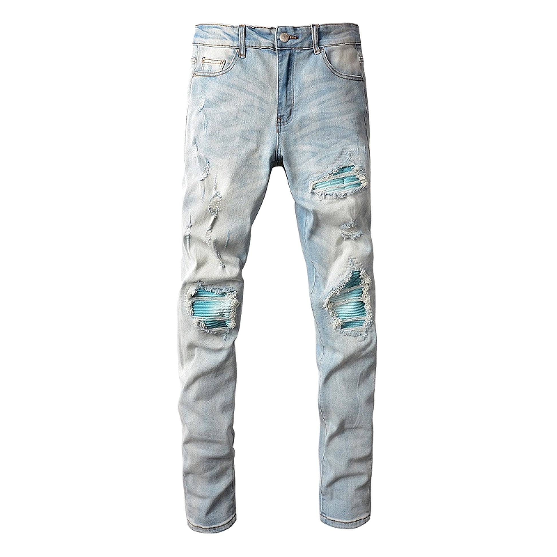 Baby Blue Wash Water Worn Patch Torn Jeans Male - enhanced image 1