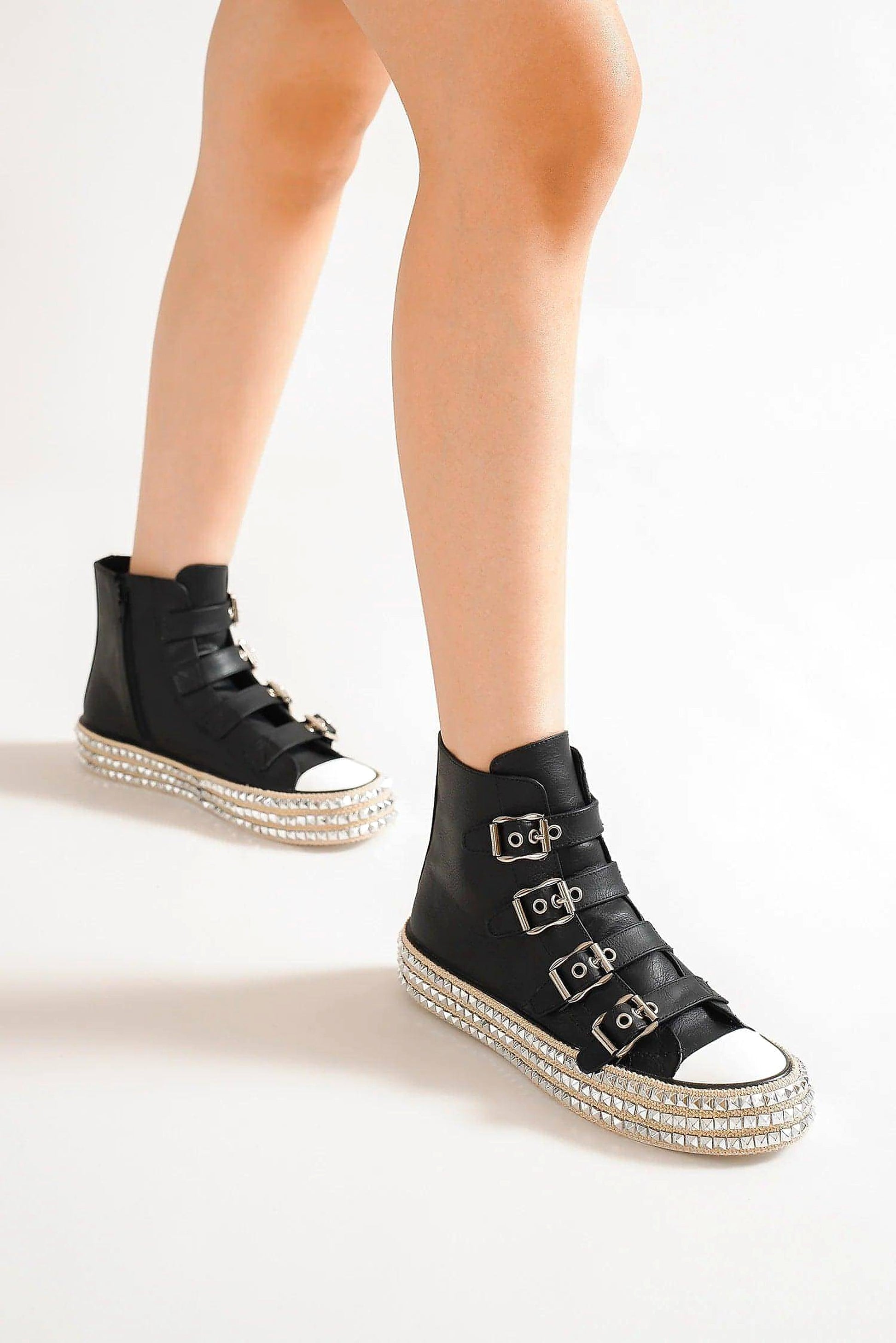 Beast Fashion Multi-Buckle Straps Studded Platform Sneakers - enhanced image 1