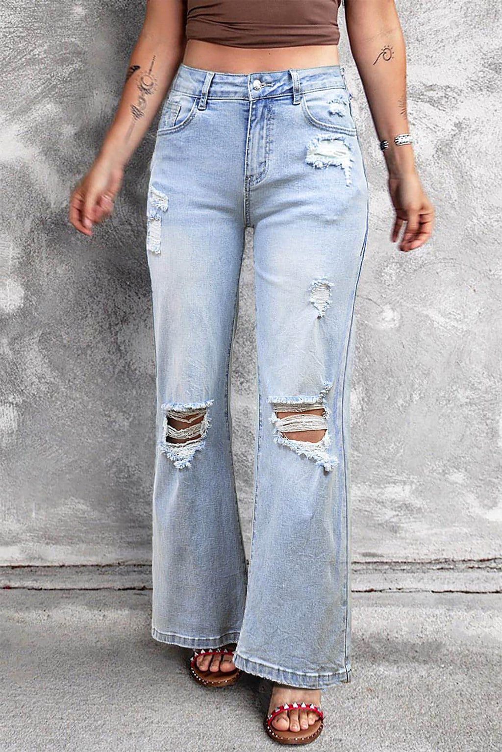 Beau Blue Vintage Light Wash Distressed Flare Jeans - enhanced image 1