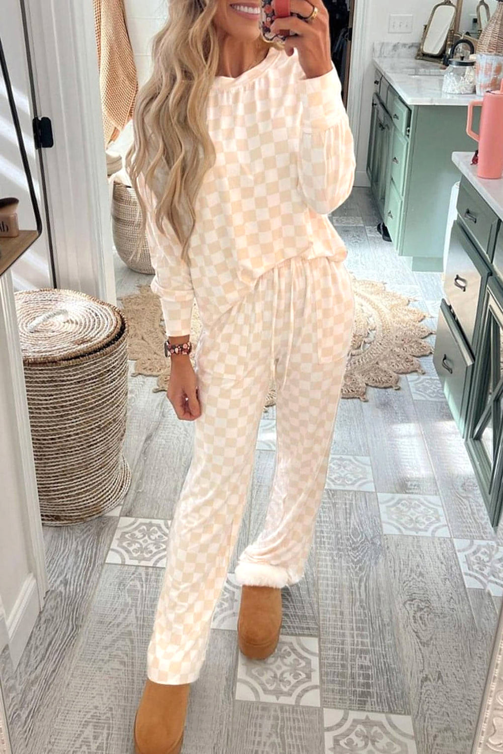 Beige Checkered Print Long Sleeve Top and Pants Lounge Set - enhanced image 1