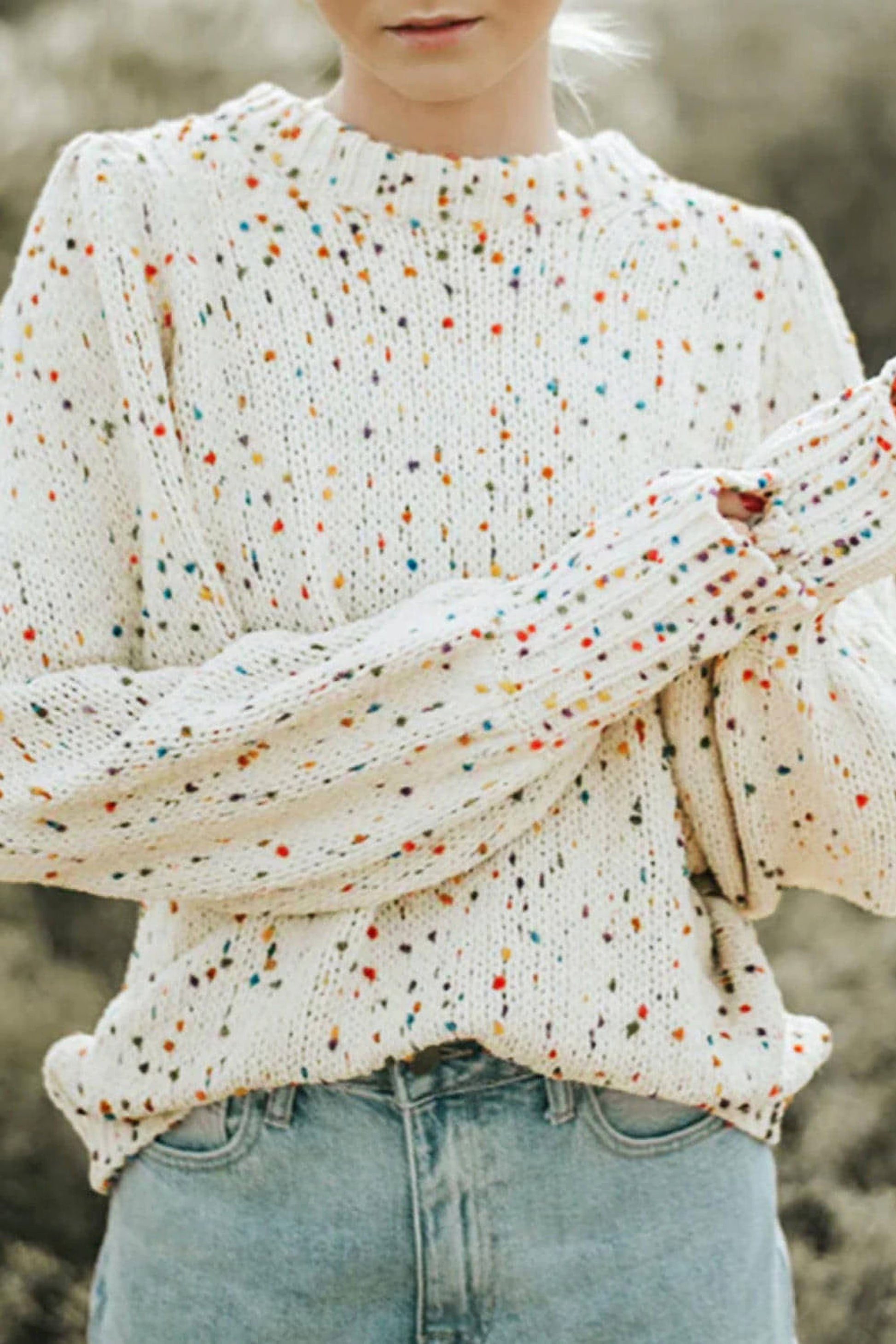 Beige Colorful Confetti Dots Cable Knit Crew Neck Sweater - enhanced image 1