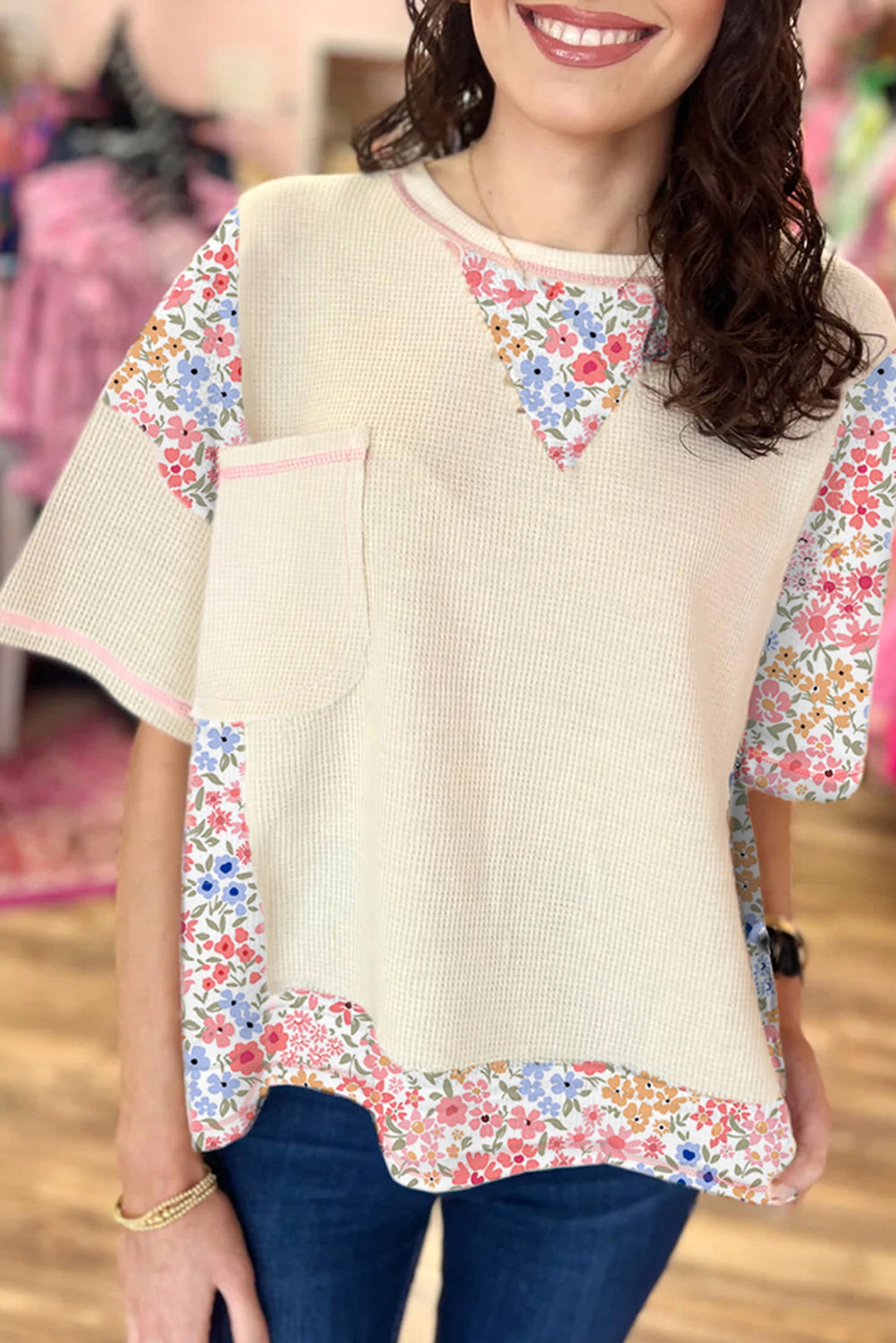 Beige Floral Patchwork Chest Pocket Wide Sleeve Waffle T Shirt - enhanced image 1