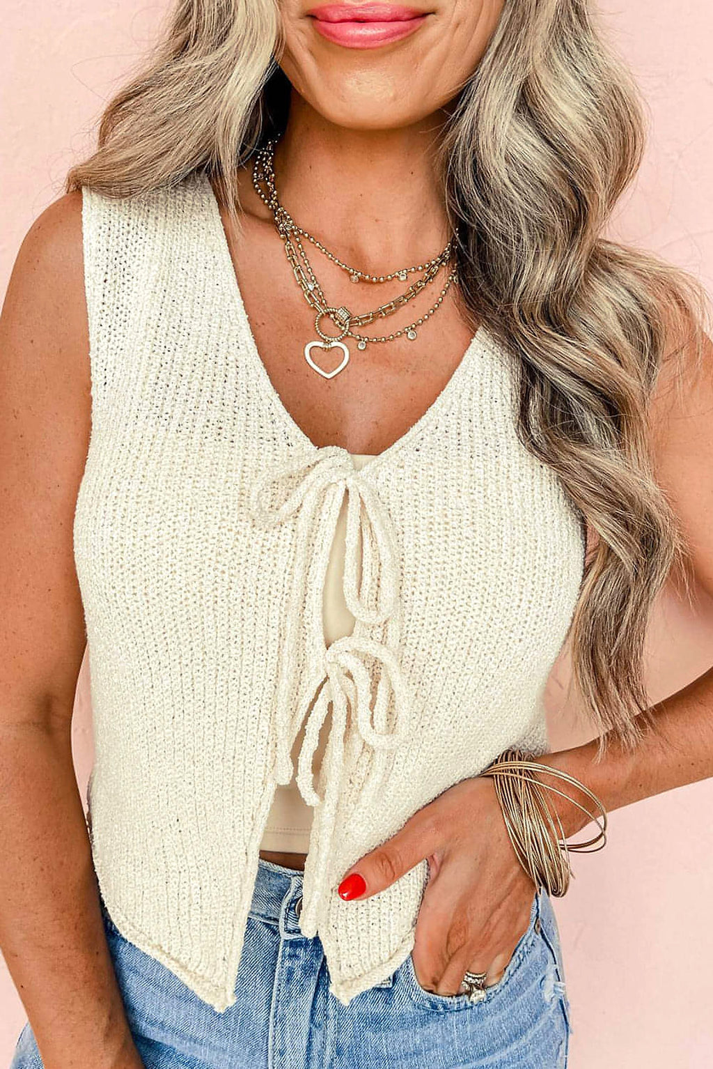 Beige Lace-up Front V Neck Sweater Vest - enhanced image 1