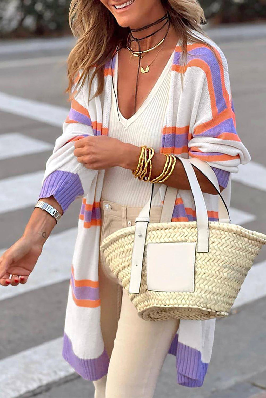 Beige Striped Long Sleeve Ribbed Trim Button Cardigan - enhanced image 1