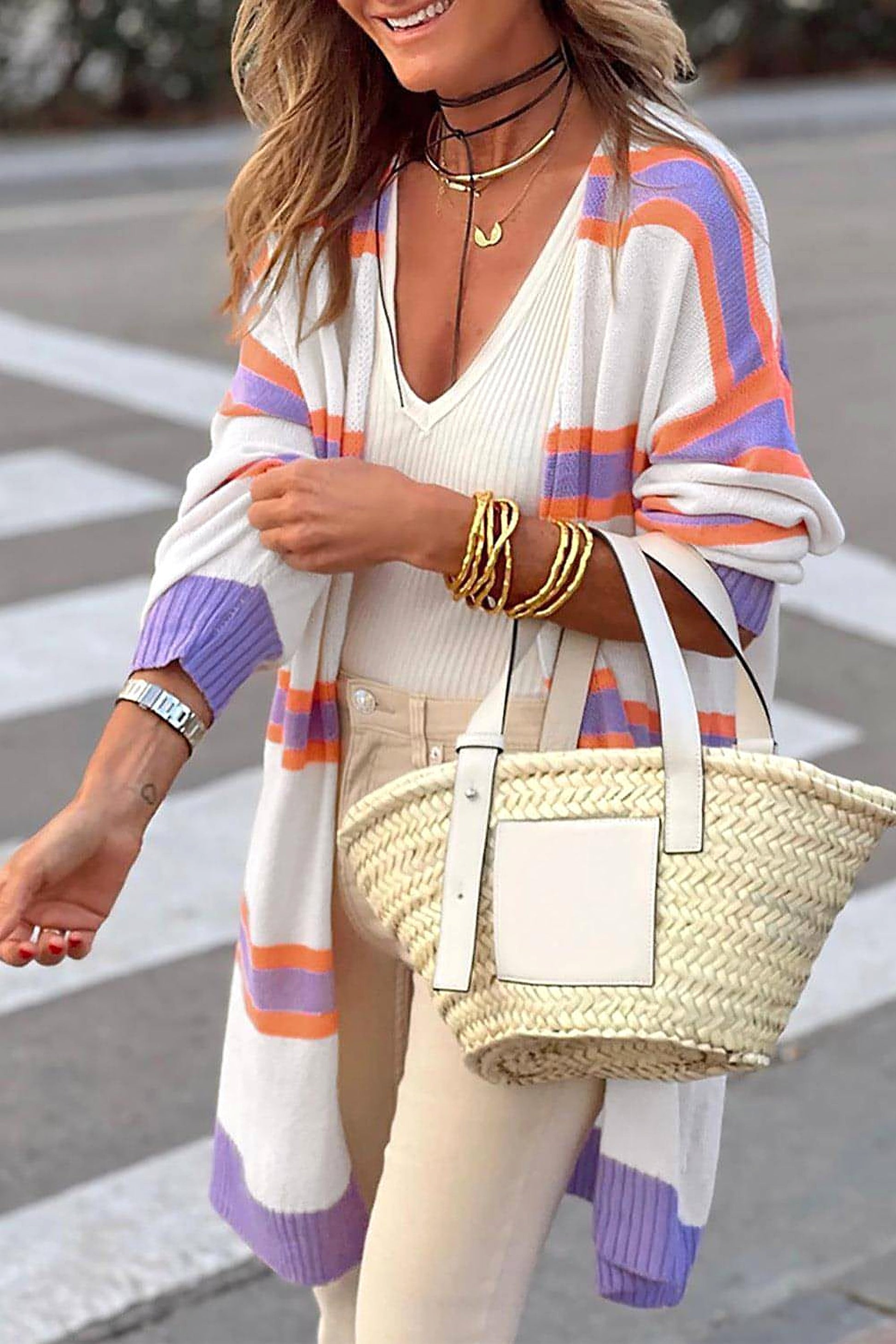Beige Striped Long Sleeve Ribbed Trim Button Cardigan - enhanced image 1