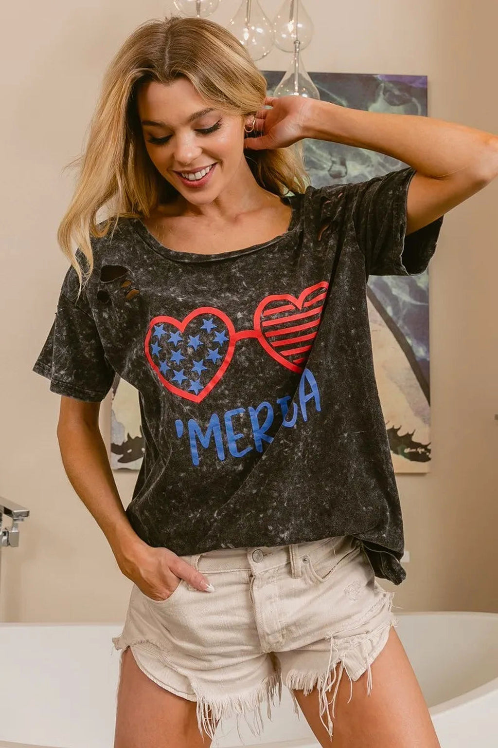 BiBi 4th Of July Theme Mineral Washed Laser Cut Top - enhanced image 1
