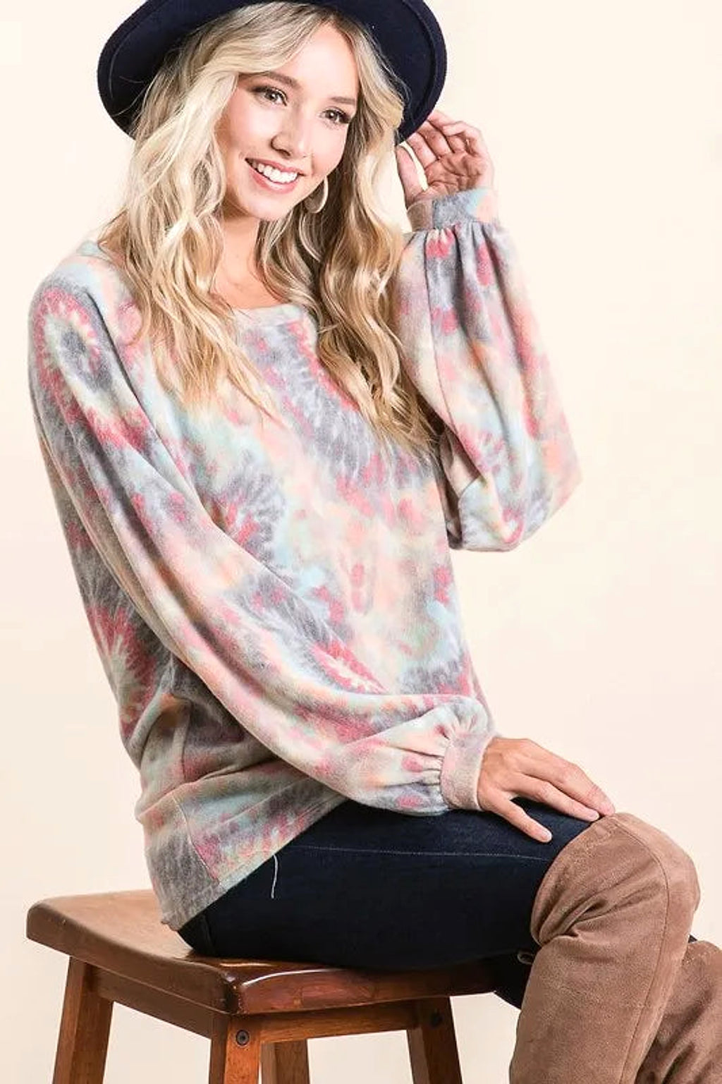 BiBi Brushed Tie Dye Print Top with Puff Sleeves - enhanced image 1