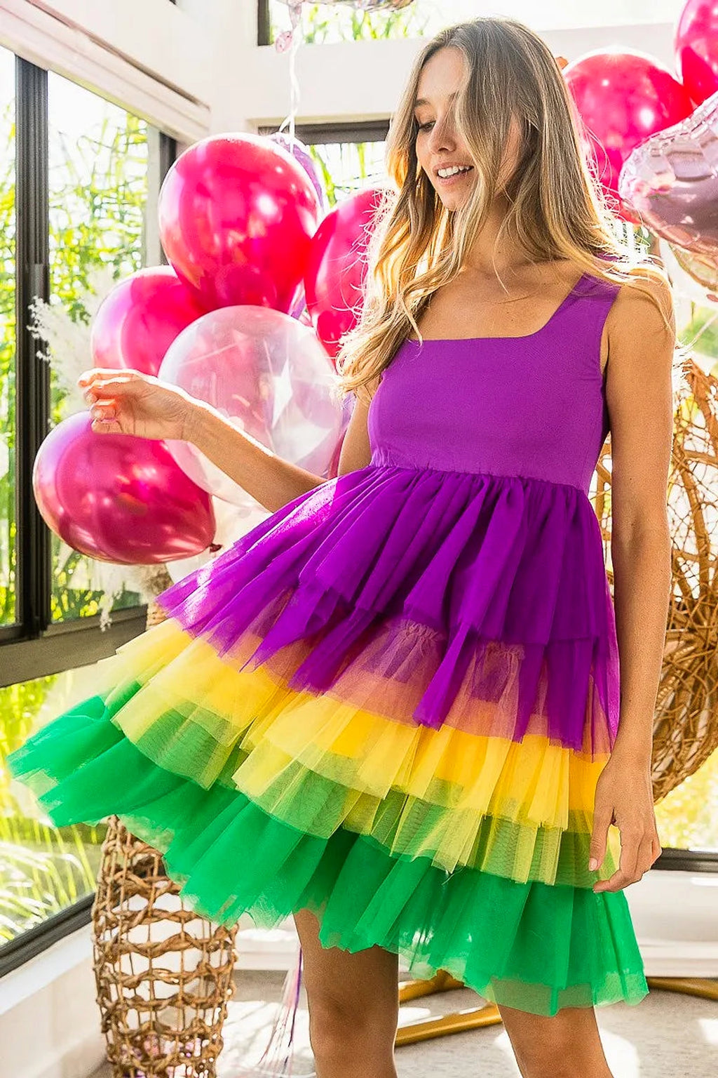 BiBi Mardi Gras Color Block Layered Mesh Tiered Dress - enhanced image 1