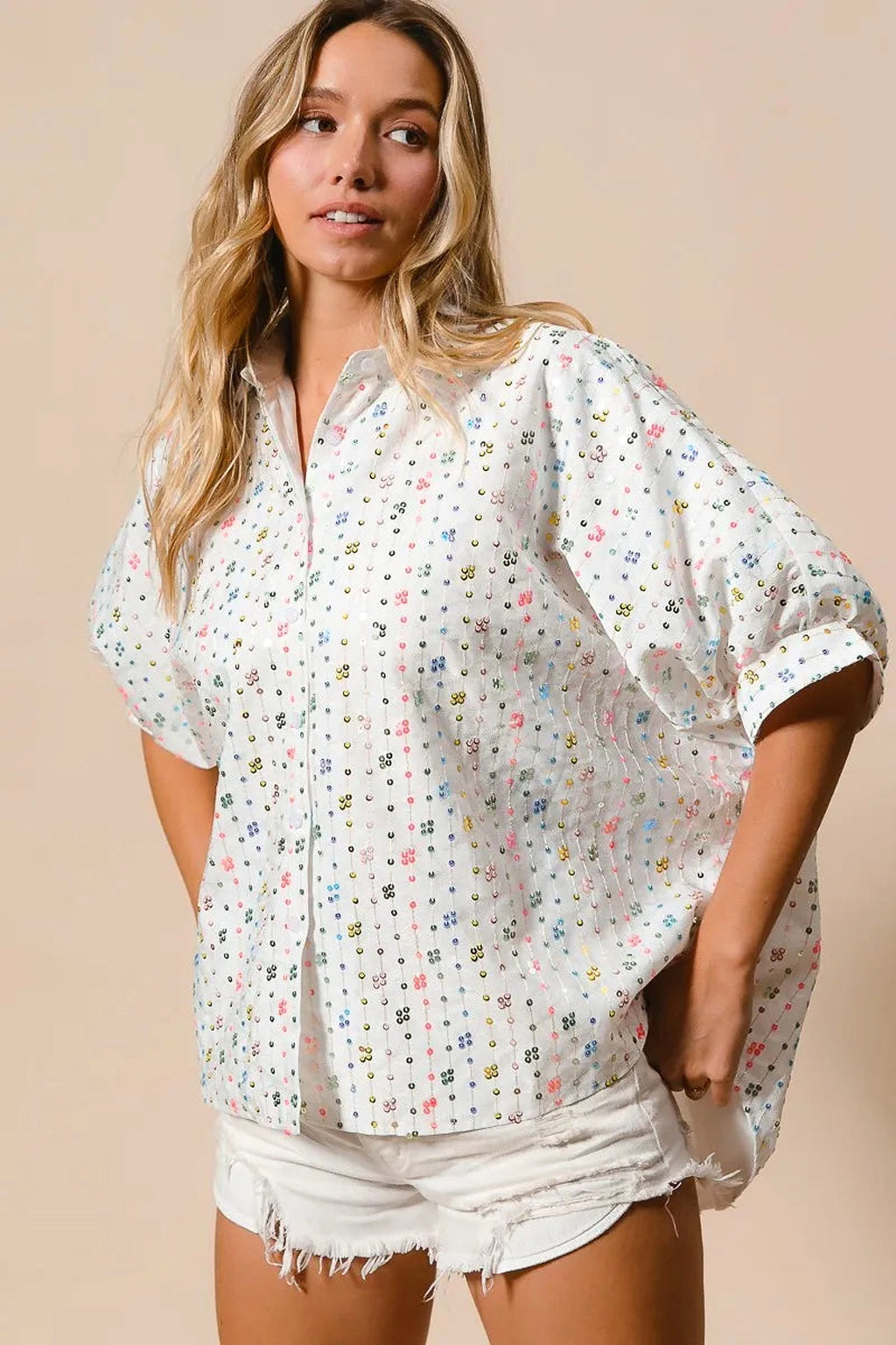 BiBi Sequin Striped Short Dolman Sleeve Blouse - enhanced image 1