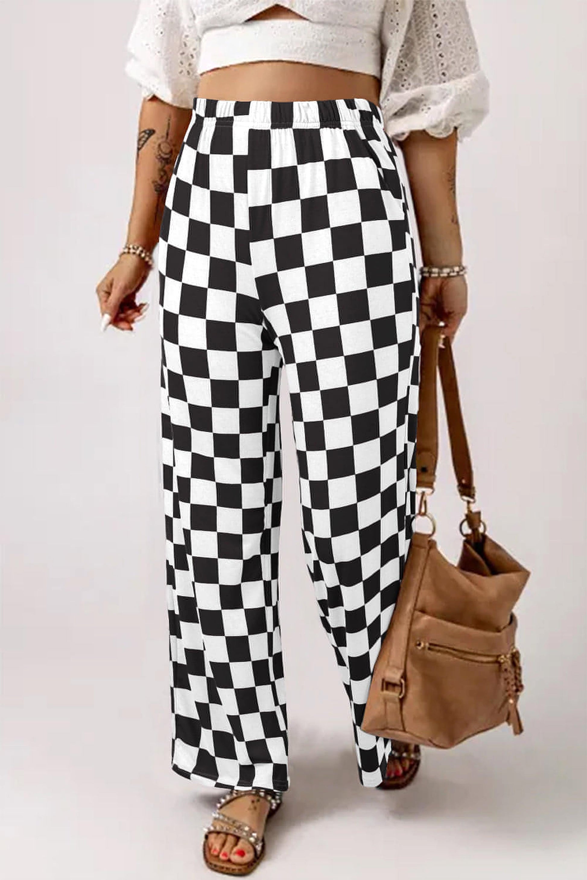 Black 2-Tone Checked Print High Waist Wide Leg Pants - enhanced image 1