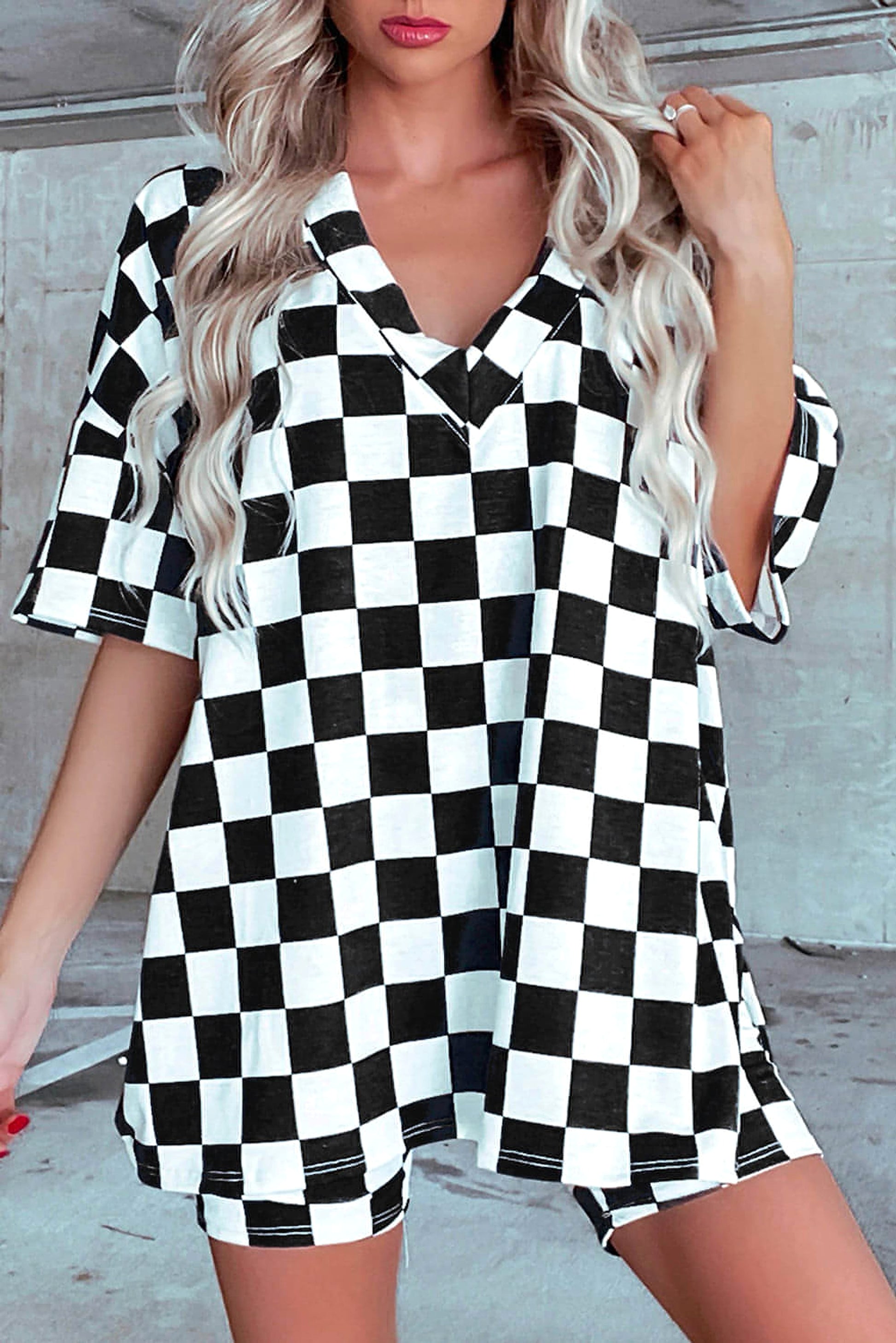 Black Checkerboard Print V Neck Loose Tee and Shorts Lounge Set - enhanced image 1
