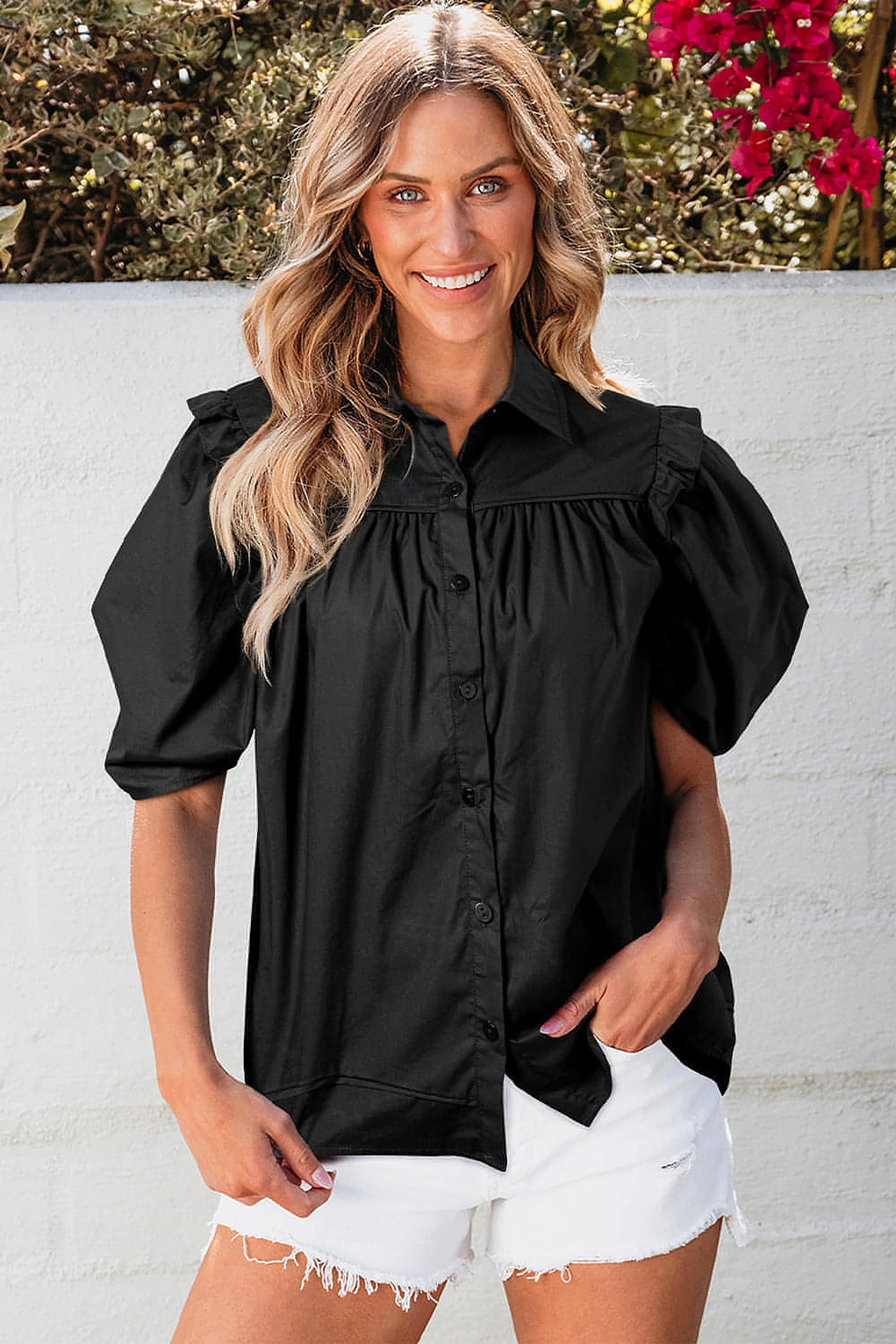 Black Crisp Puff Sleeve Loose Shirt - enhanced image 1