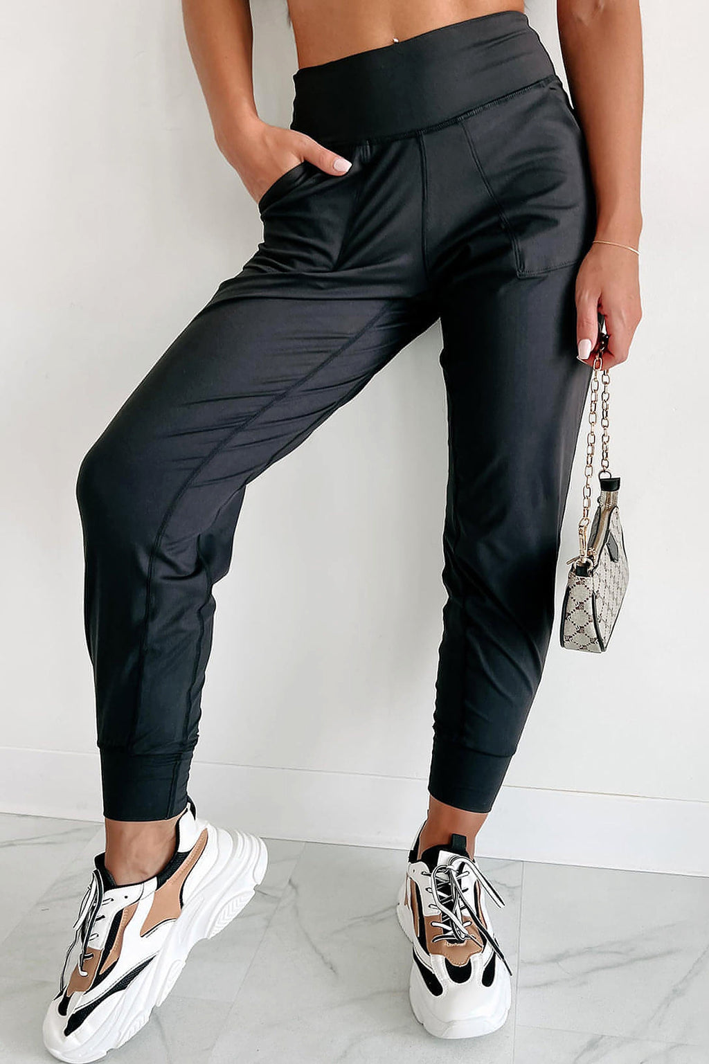 Black Exposed Seam High Waist Pocketed Joggers - enhanced image 1