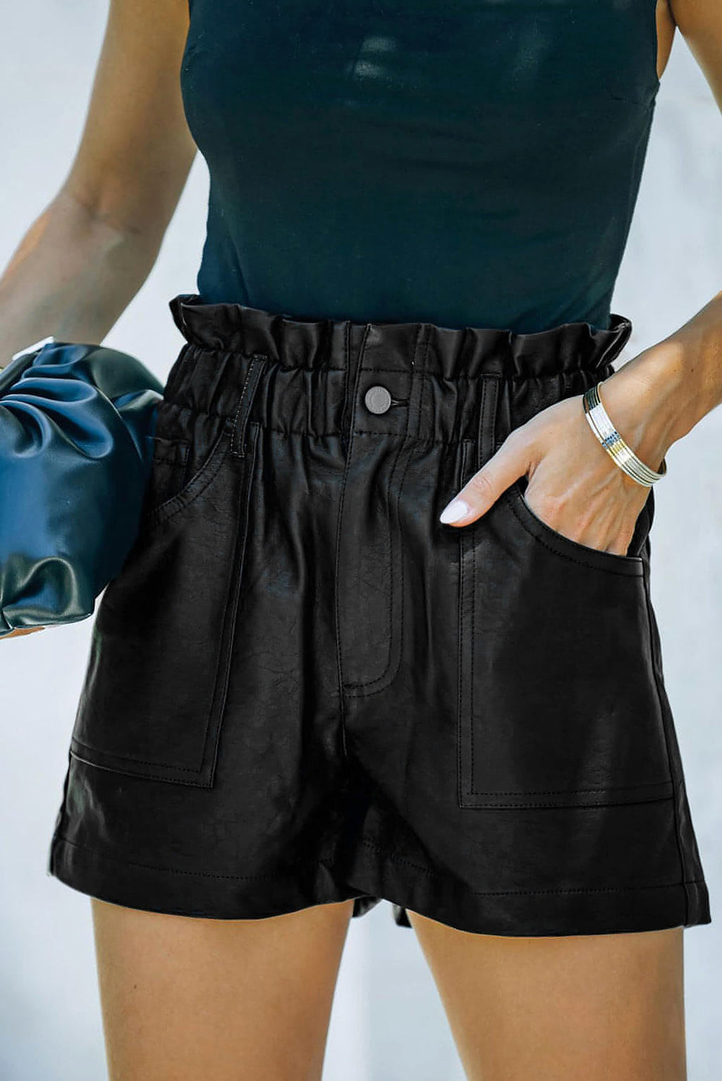 Black Faux Leather Paper Bag Waist High Rise Shorts - enhanced image 1