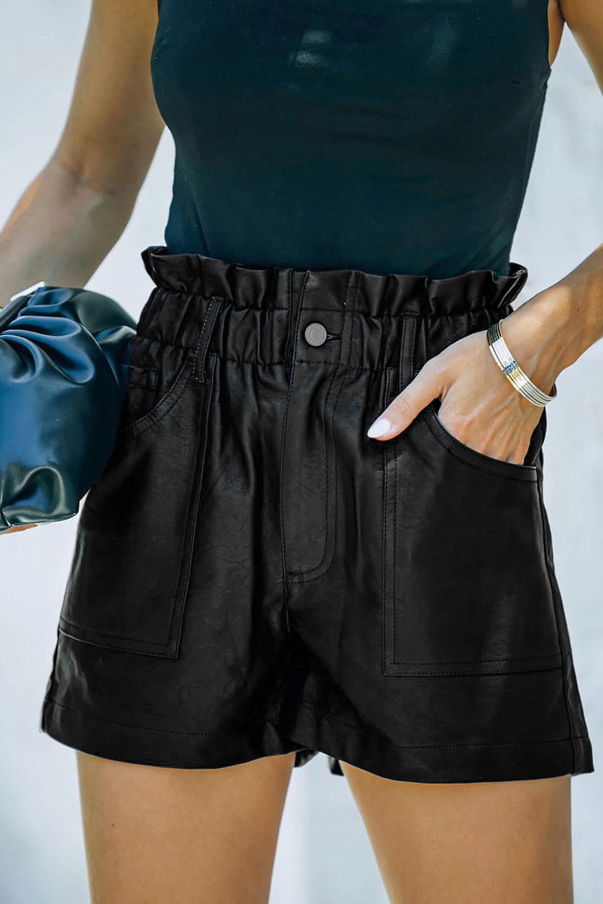 Black Faux Leather Paper Bag Waist High Rise Shorts - enhanced image 1