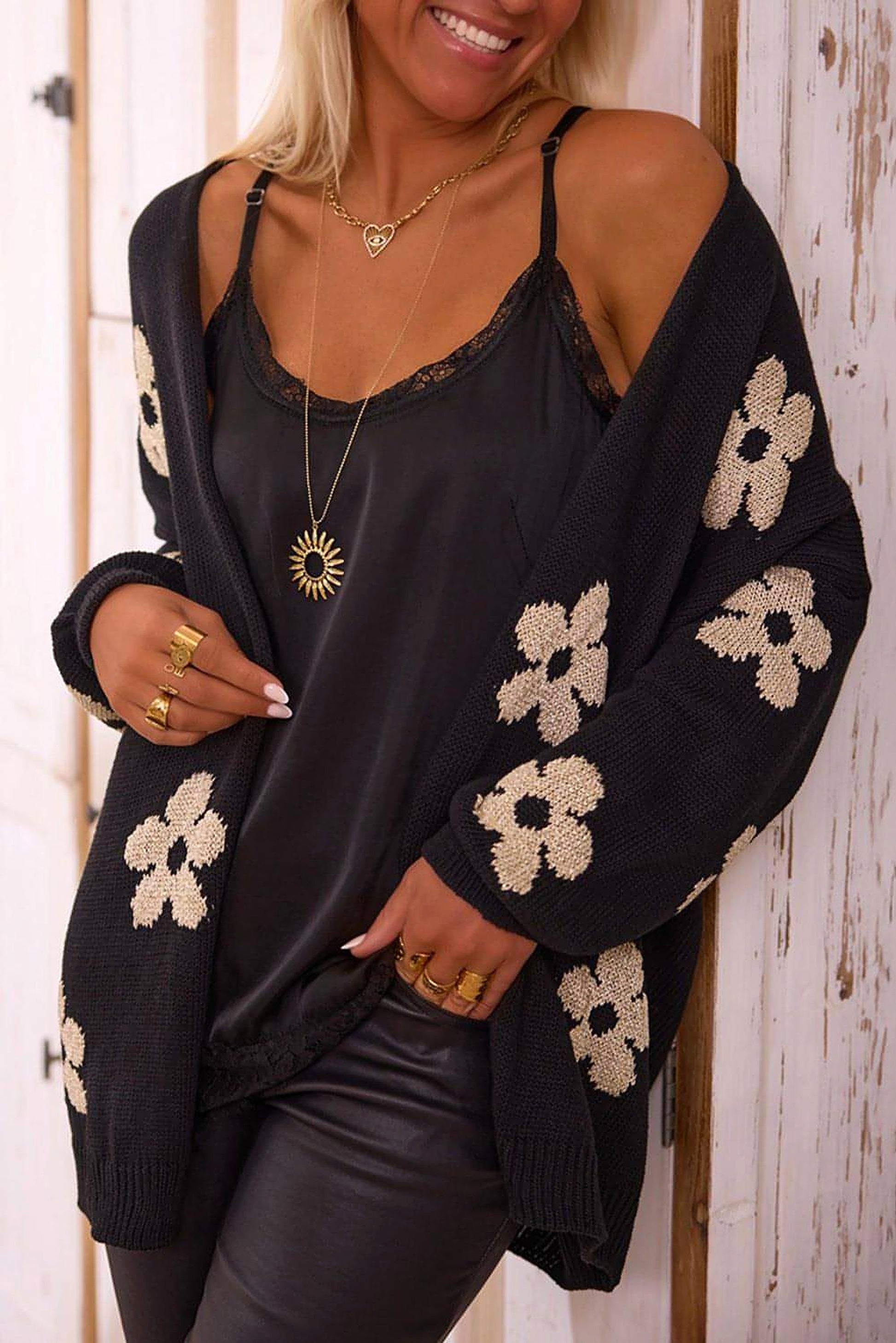 Black Floral Print Knitted Open Front Loose Cardigan - enhanced image 1