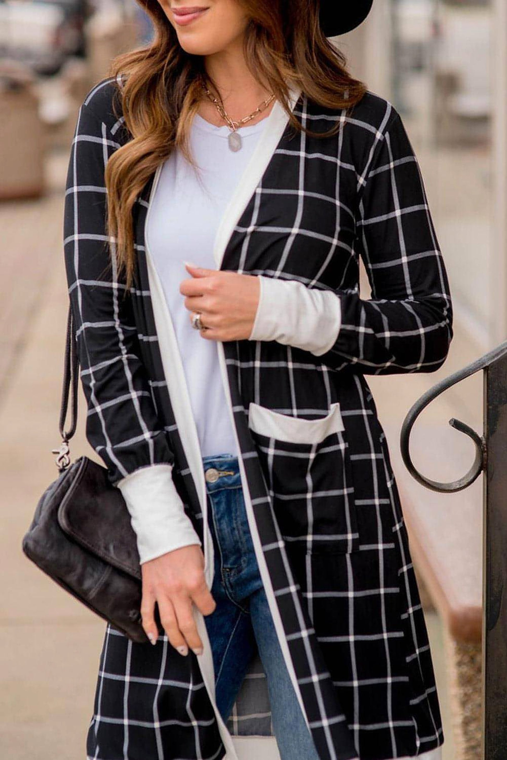 Black Plaid Colorblock Edge Open Cardigan with Pocket - enhanced image 1