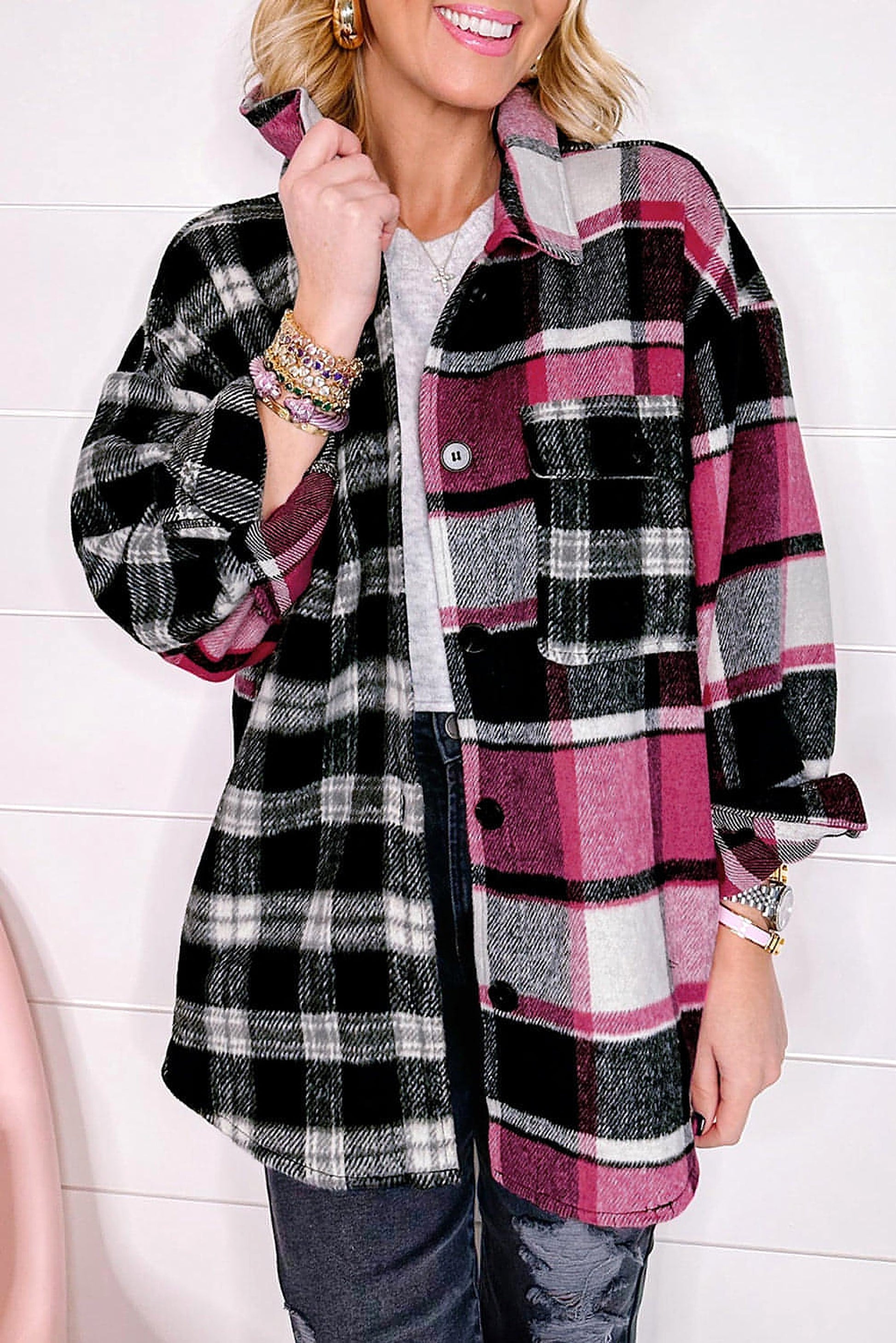 Black Plaid Colorblock Loose Shacket - enhanced image 1
