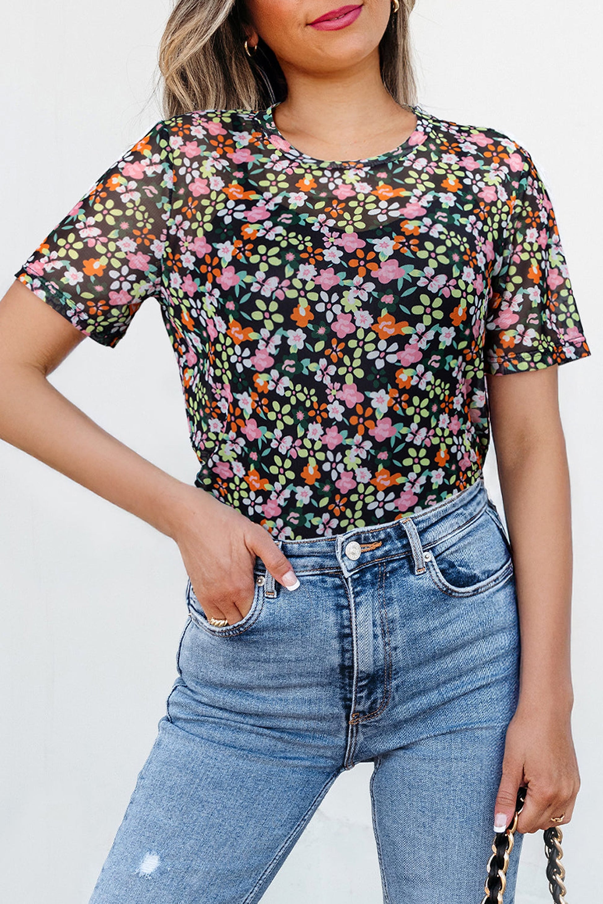 Black Sheer Floral Mesh Round Neck T Shirt - enhanced image 1