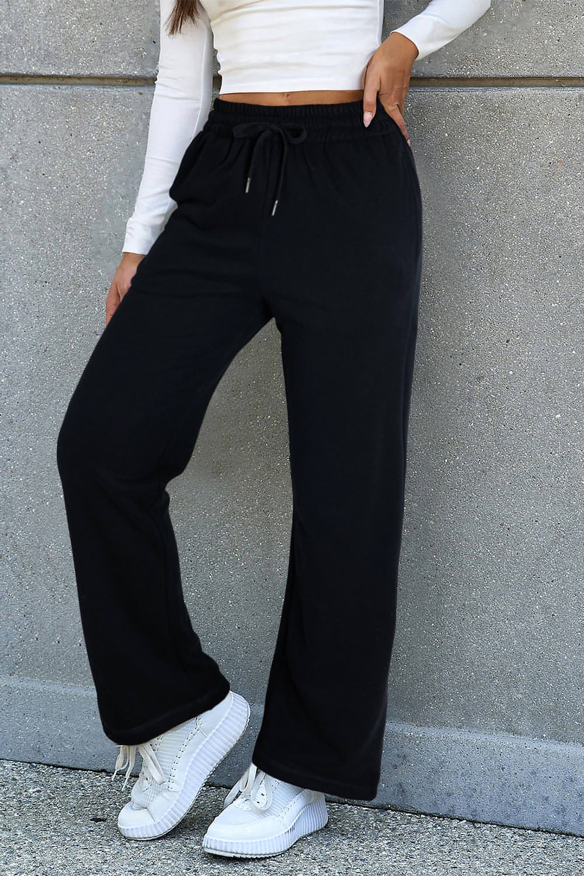 Black Solid Color Fleece Lined Drawstring Waist Casual Pants - enhanced image 1