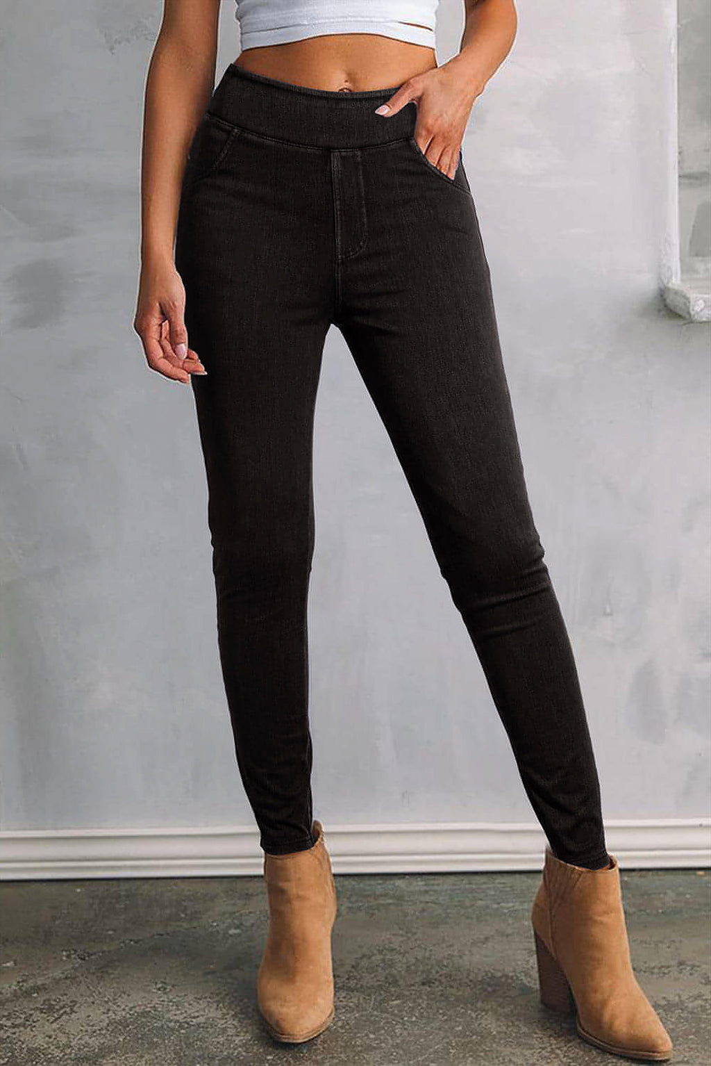 Black Solid Color High Waist Stretchy Slim Fit Jeggings - enhanced image 1