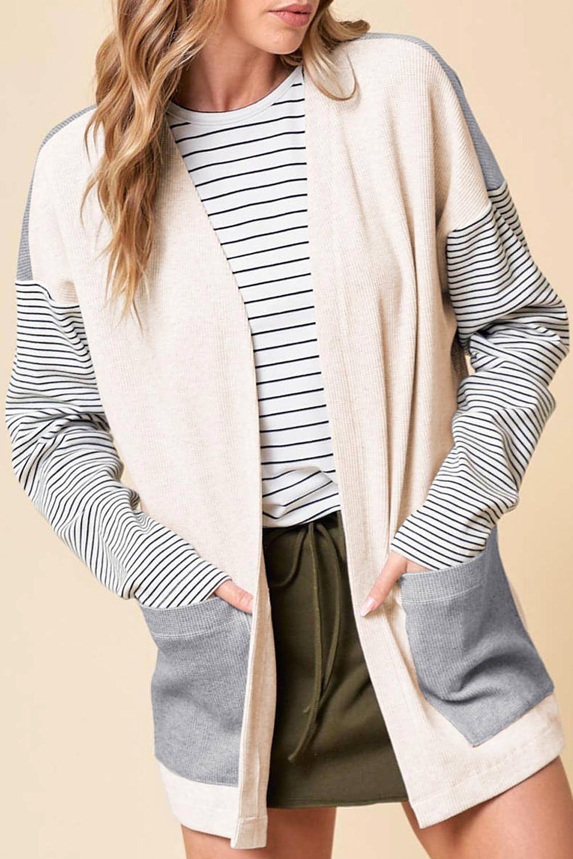 Black Stripe Colorblock Patchwork Open Front Cardigan with Pocket - enhanced image 1