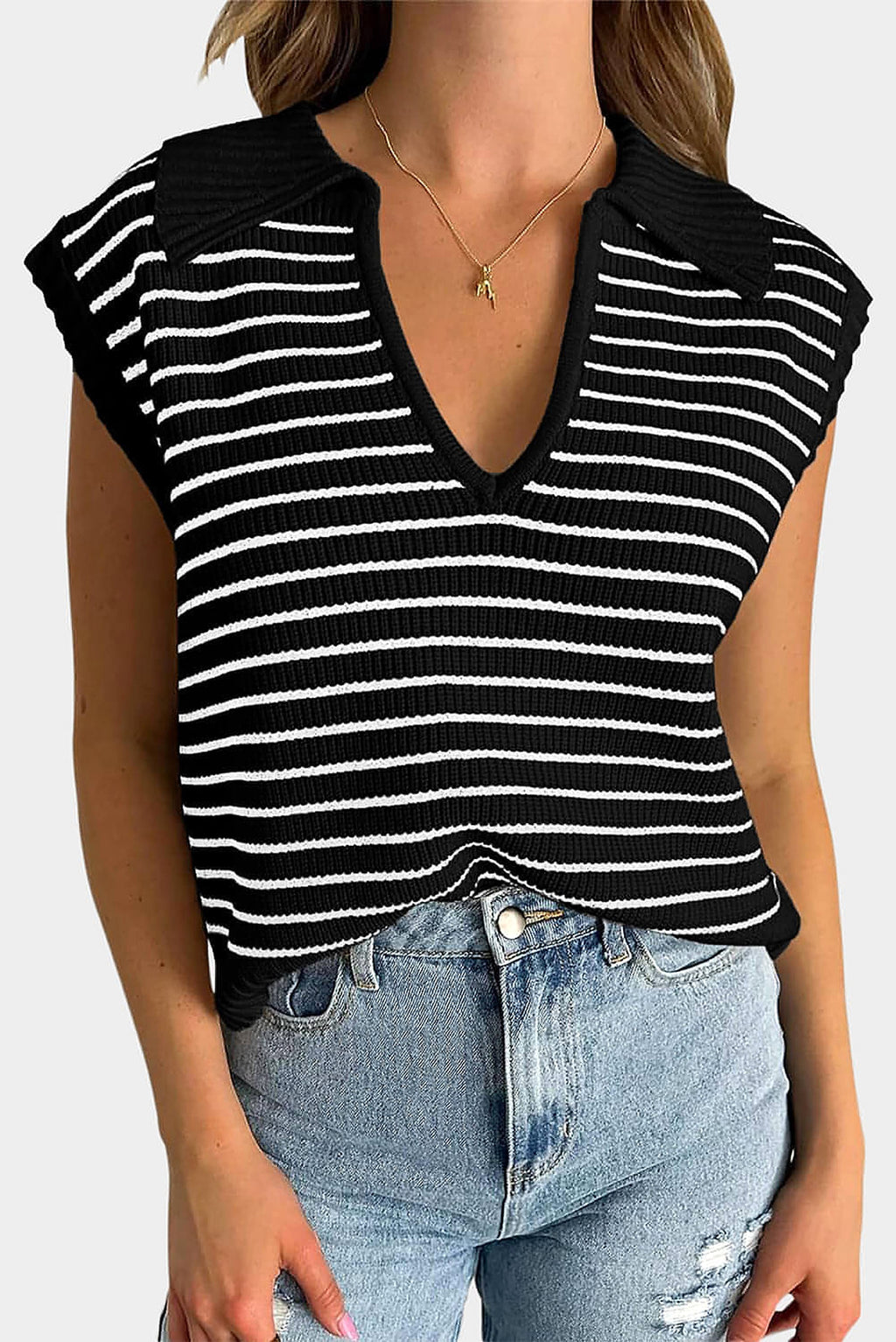 Black Stripe Turn-down V Neck Sweater Tank Top - enhanced image 1
