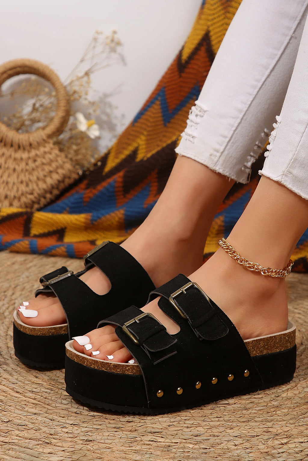 Black Suede Buckle Decor Footbed Sandal Slippers - enhanced image 1