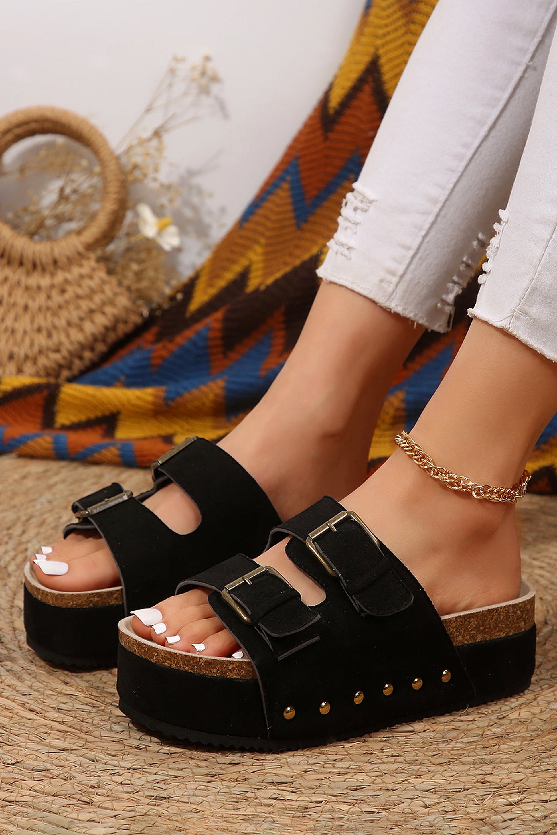 Black Suede Buckle Decor Footbed Sandal Slippers - enhanced image 1