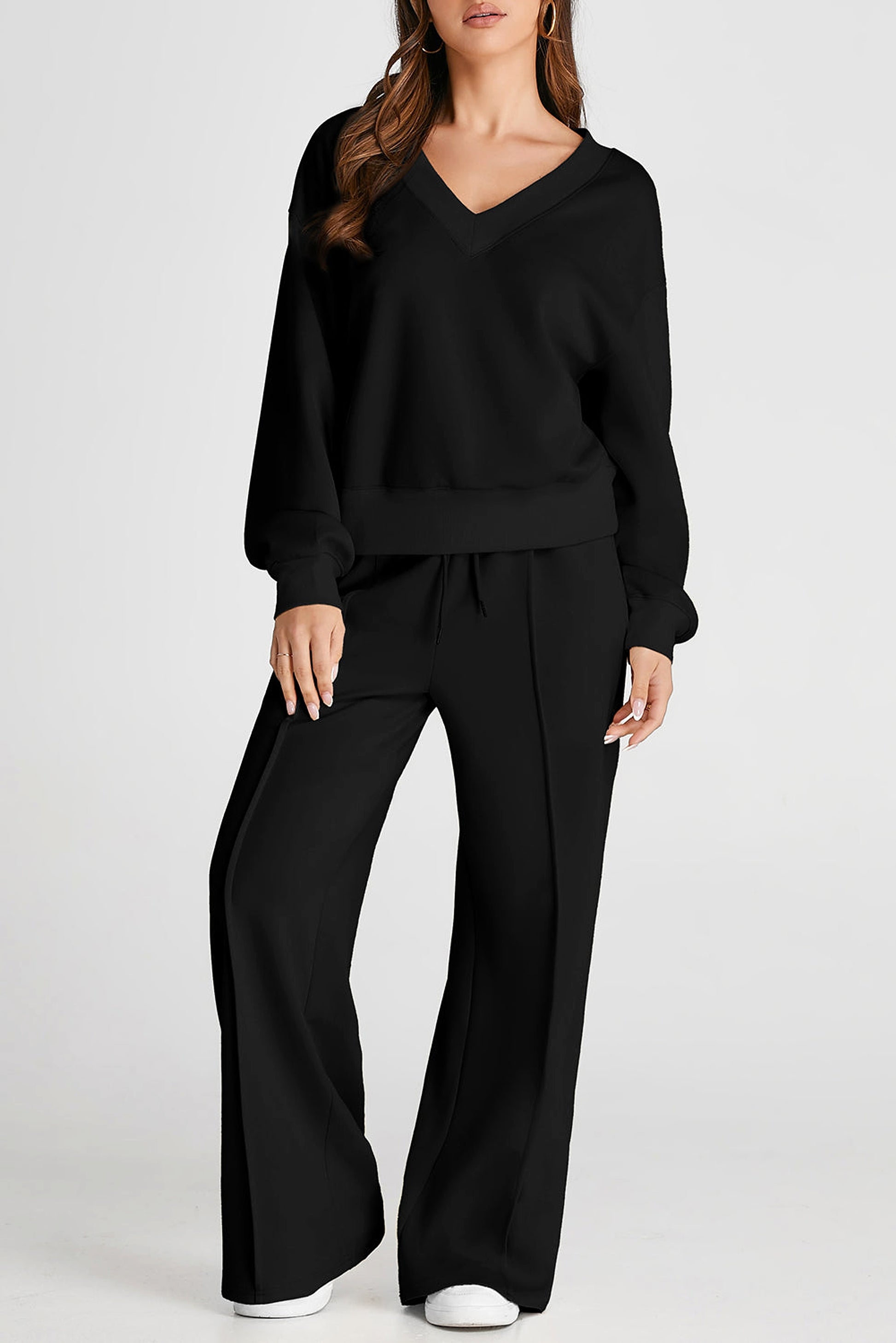 Black V Neck Cropped Seamed High Waist Sports Wear - enhanced image 1